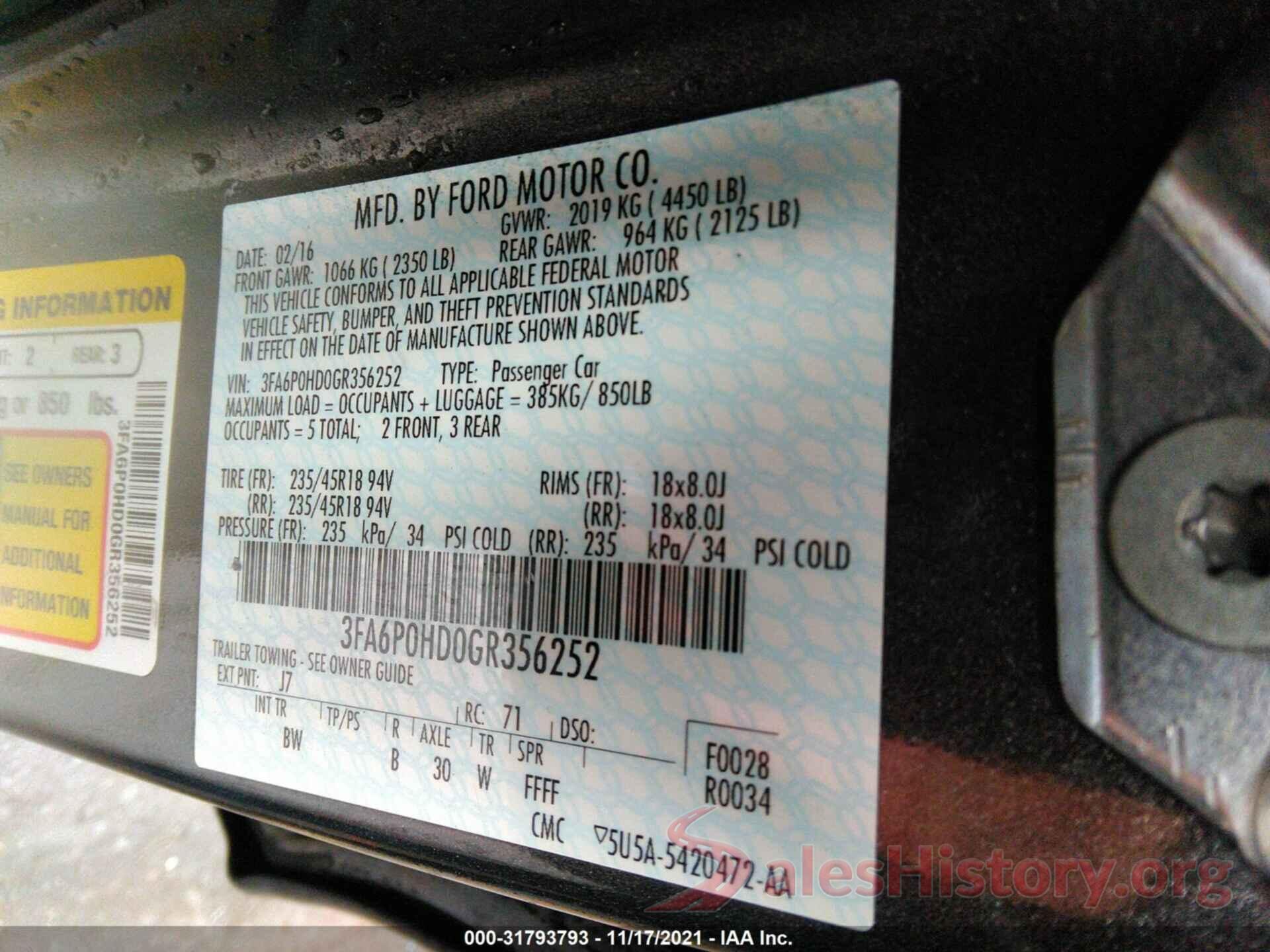 3FA6P0HD0GR356252 2016 FORD FUSION