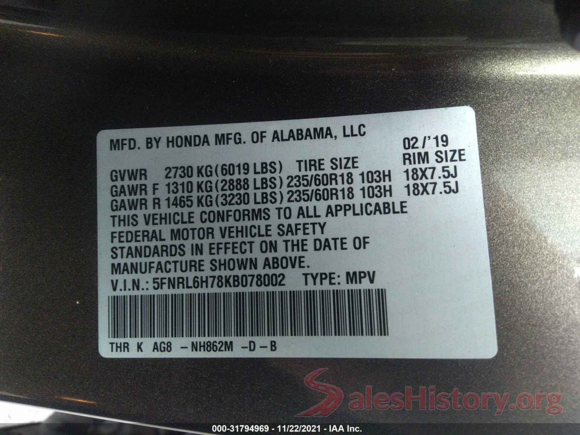 5FNRL6H78KB078002 2019 HONDA ODYSSEY