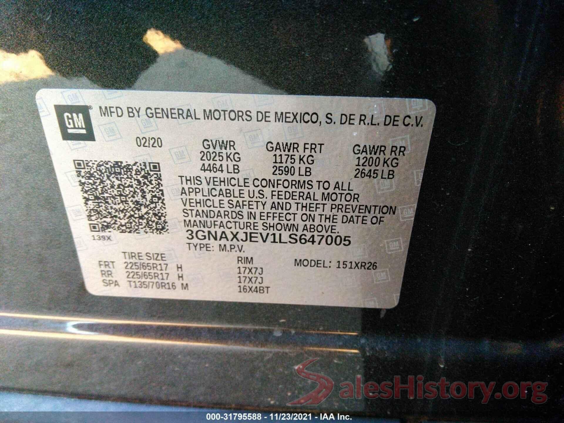 3GNAXJEV1LS647005 2020 CHEVROLET EQUINOX