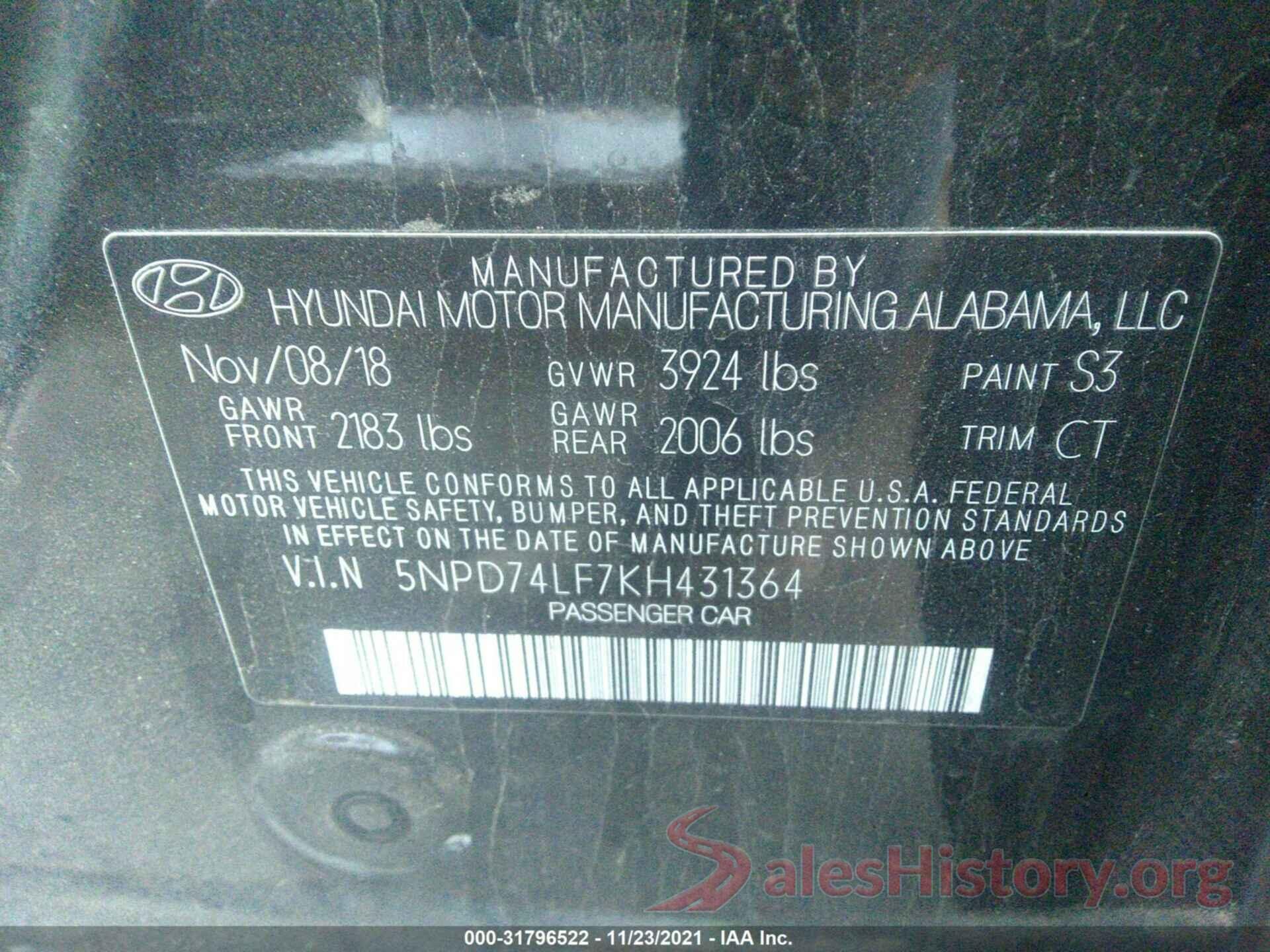 5NPD74LF7KH431364 2019 HYUNDAI ELANTRA