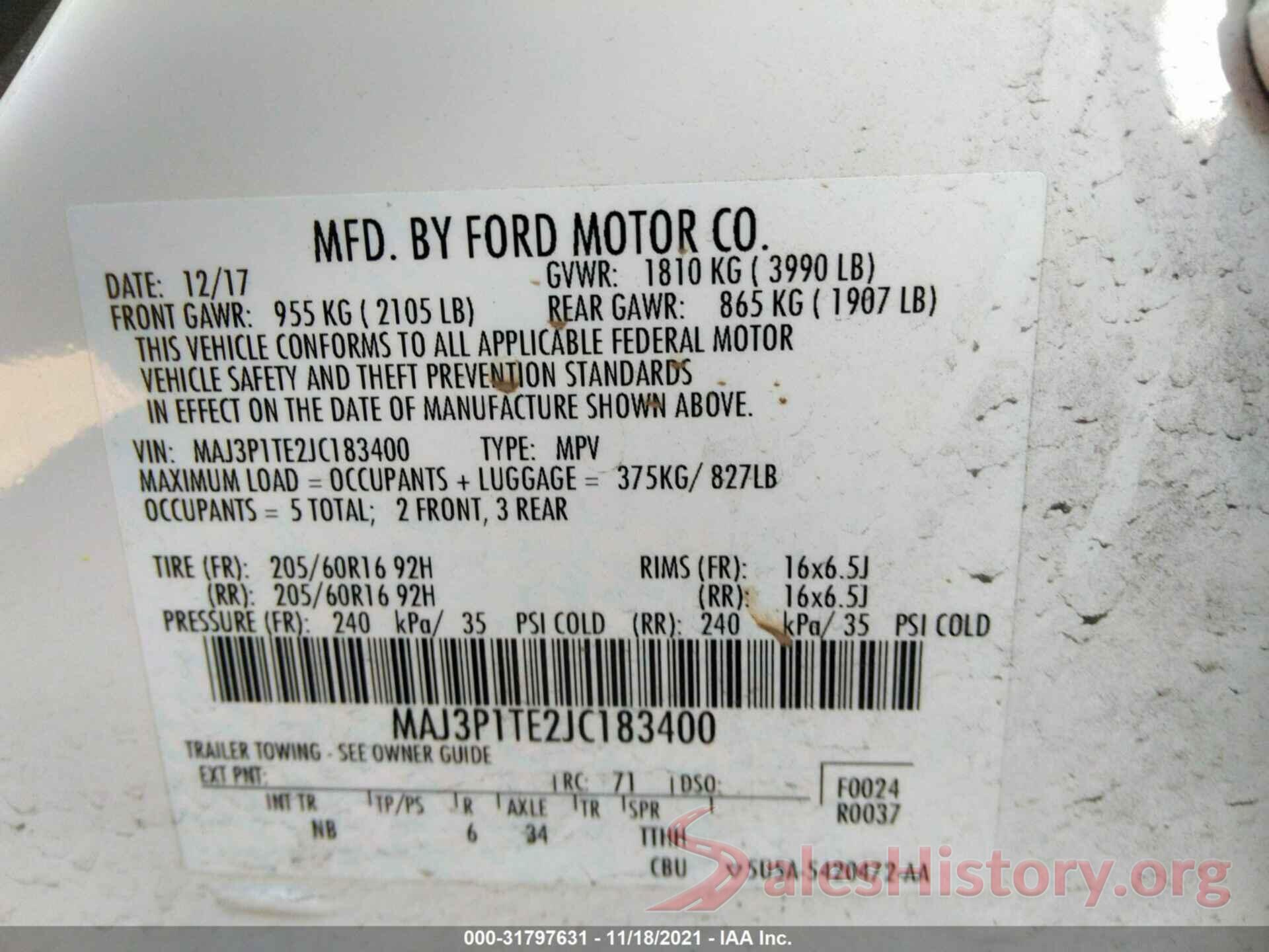 MAJ3P1TE2JC183400 2018 FORD ECOSPORT