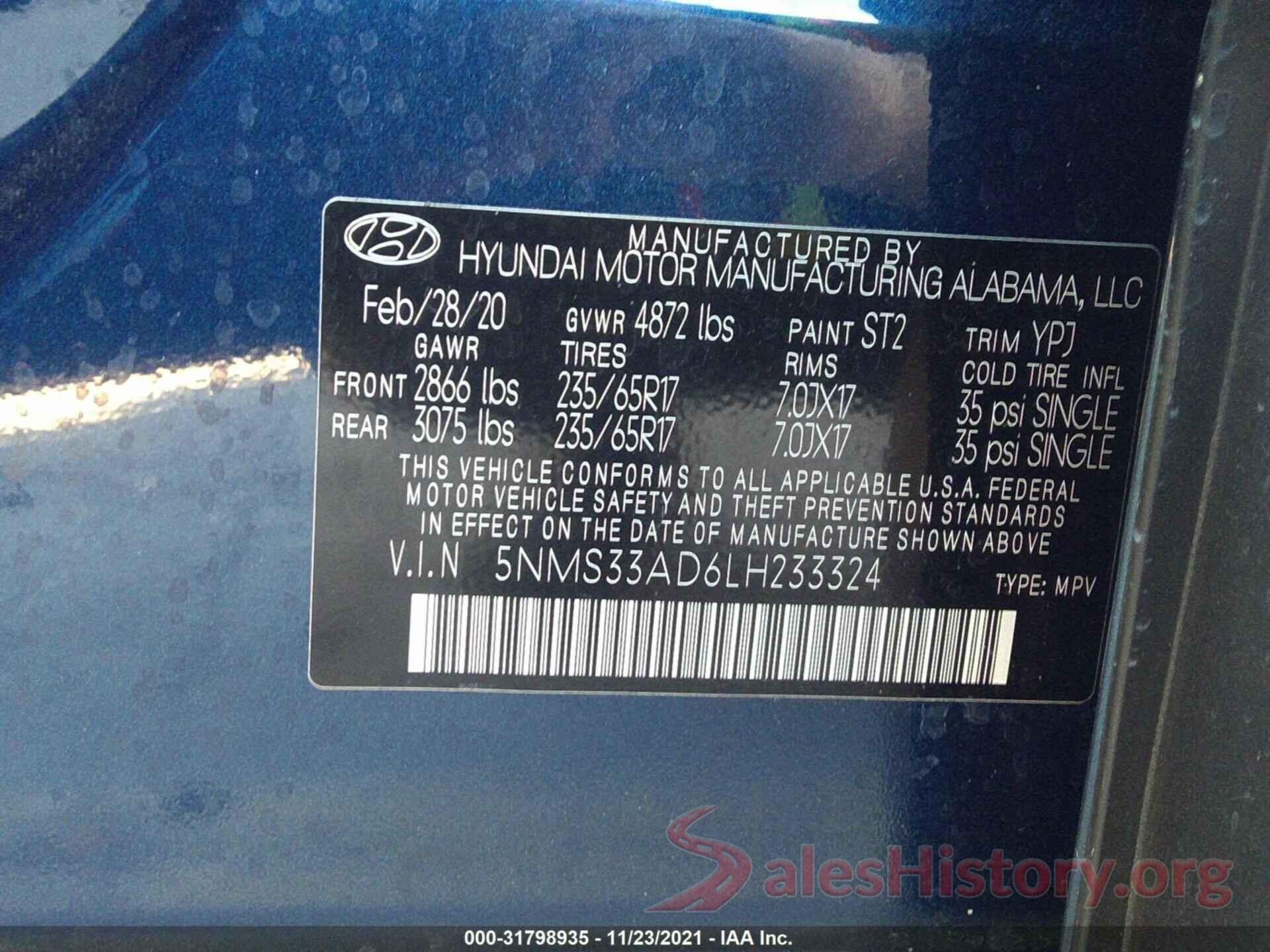 5NMS33AD6LH233324 2020 HYUNDAI SANTA FE