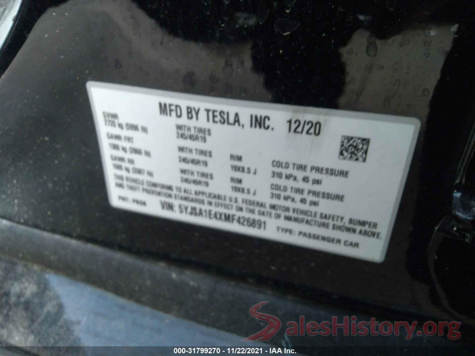 5YJSA1E4XMF426891 2021 TESLA MODEL S