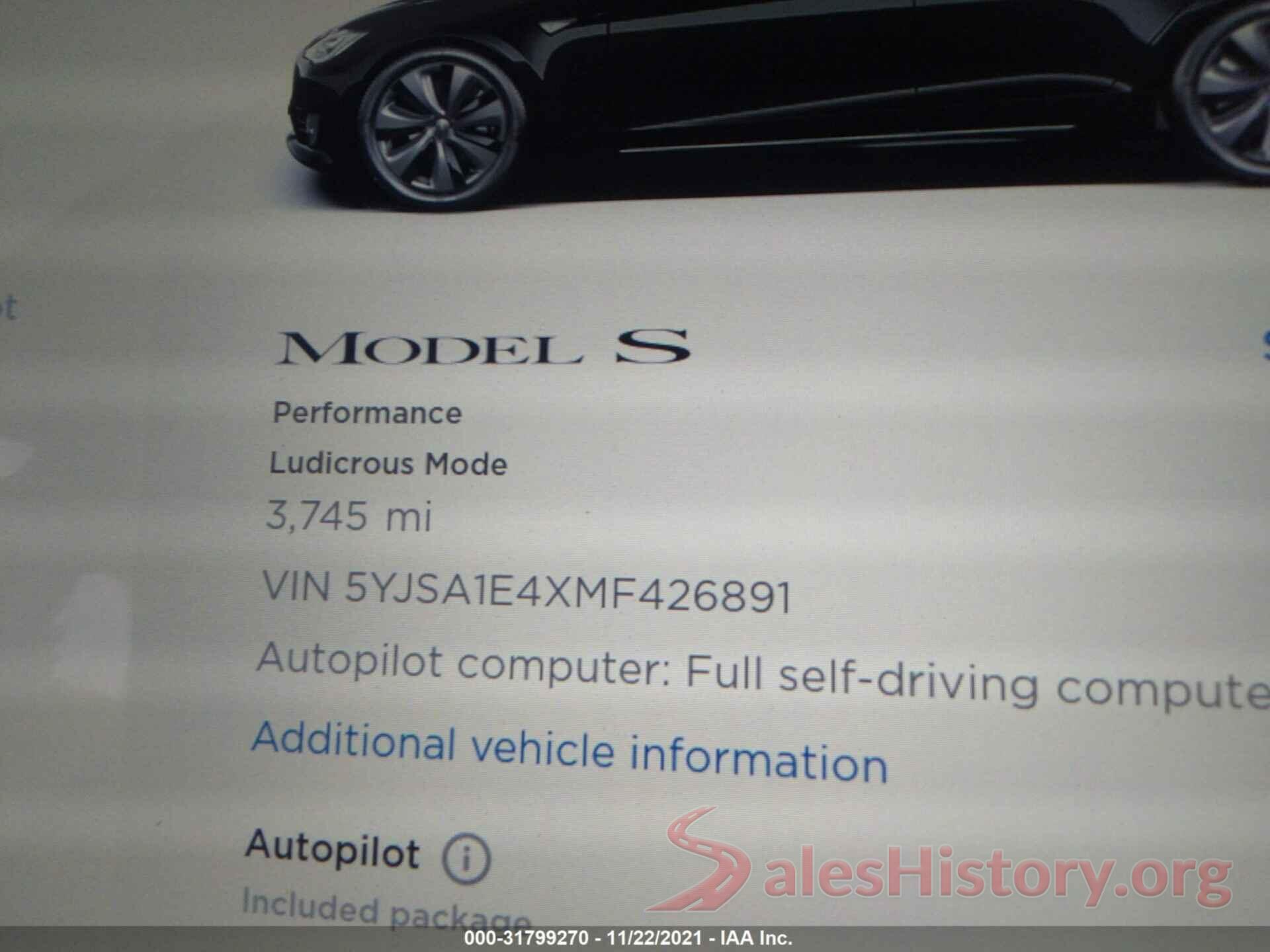 5YJSA1E4XMF426891 2021 TESLA MODEL S