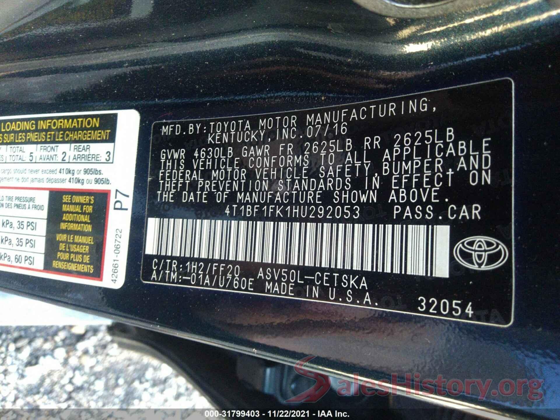 4T1BF1FK1HU292053 2017 TOYOTA CAMRY