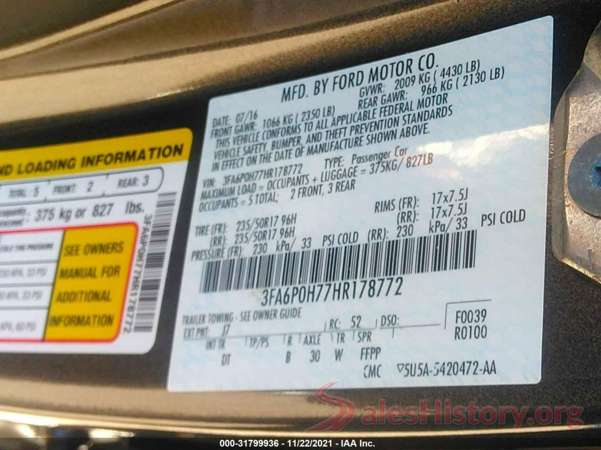 3FA6P0H77HR178772 2017 FORD FUSION