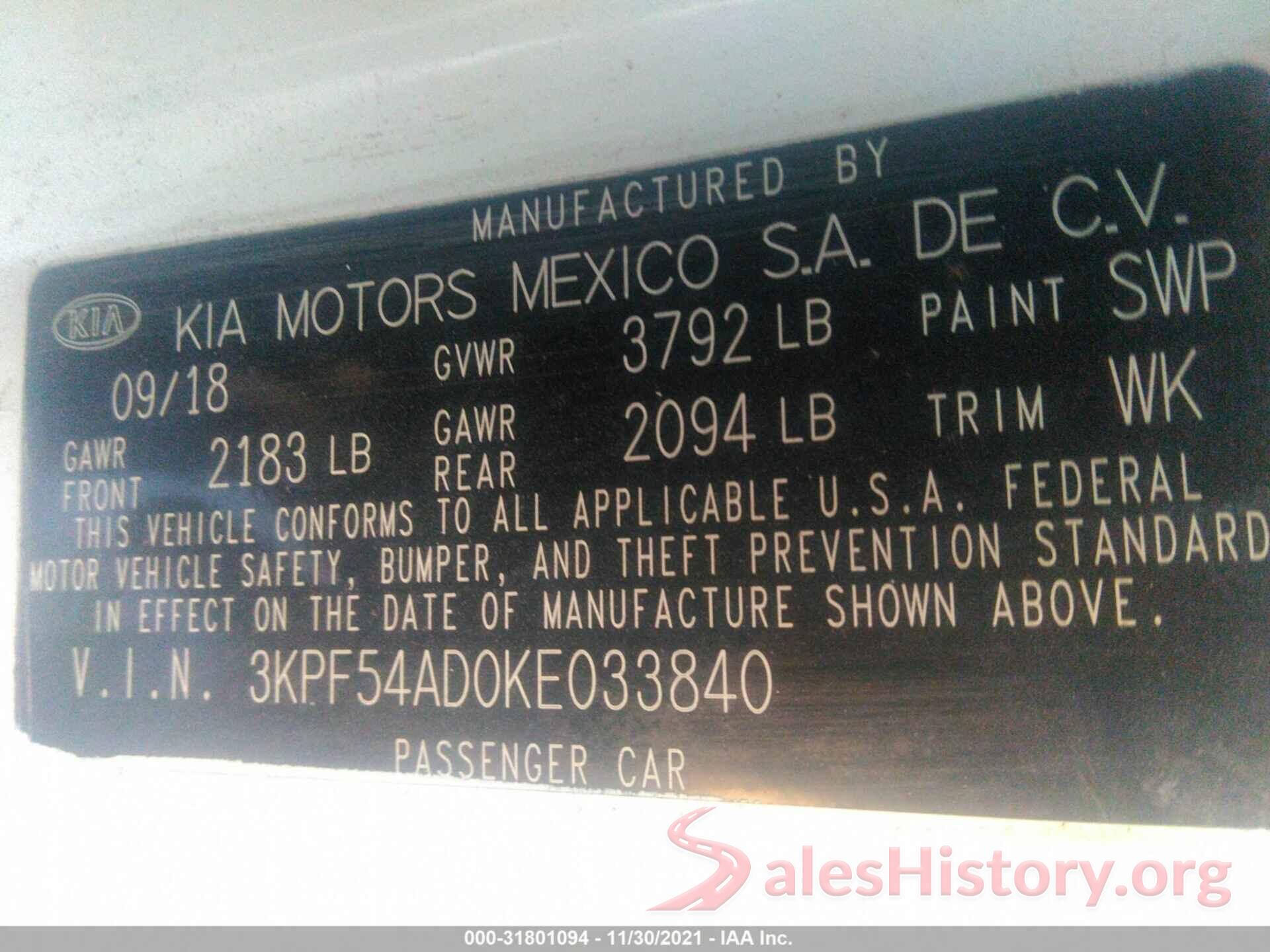 3KPF54AD0KE033840 2019 KIA FORTE