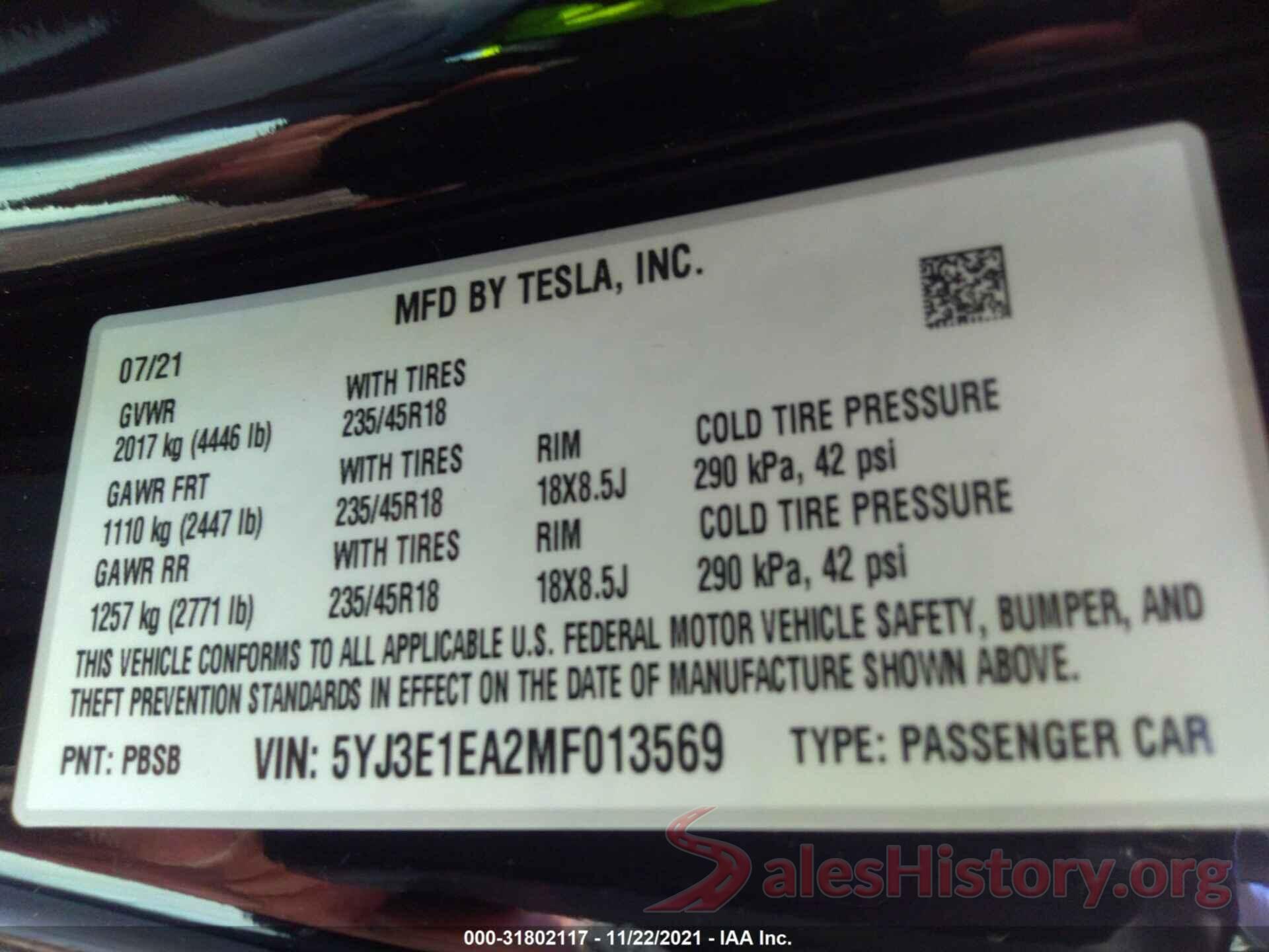 5YJ3E1EA2MF013569 2021 TESLA MODEL 3