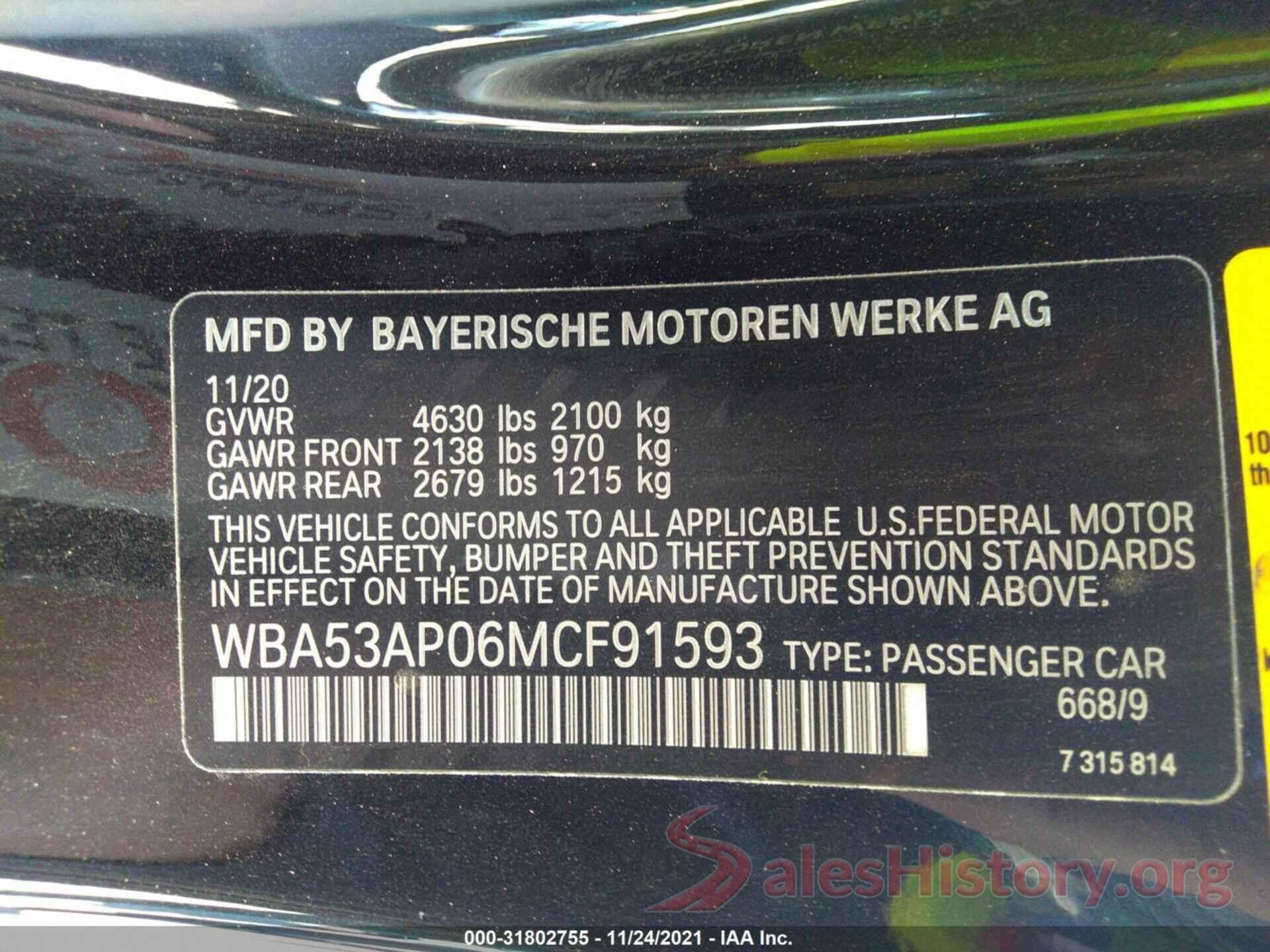 WBA53AP06MCF91593 2021 BMW 4 SERIES