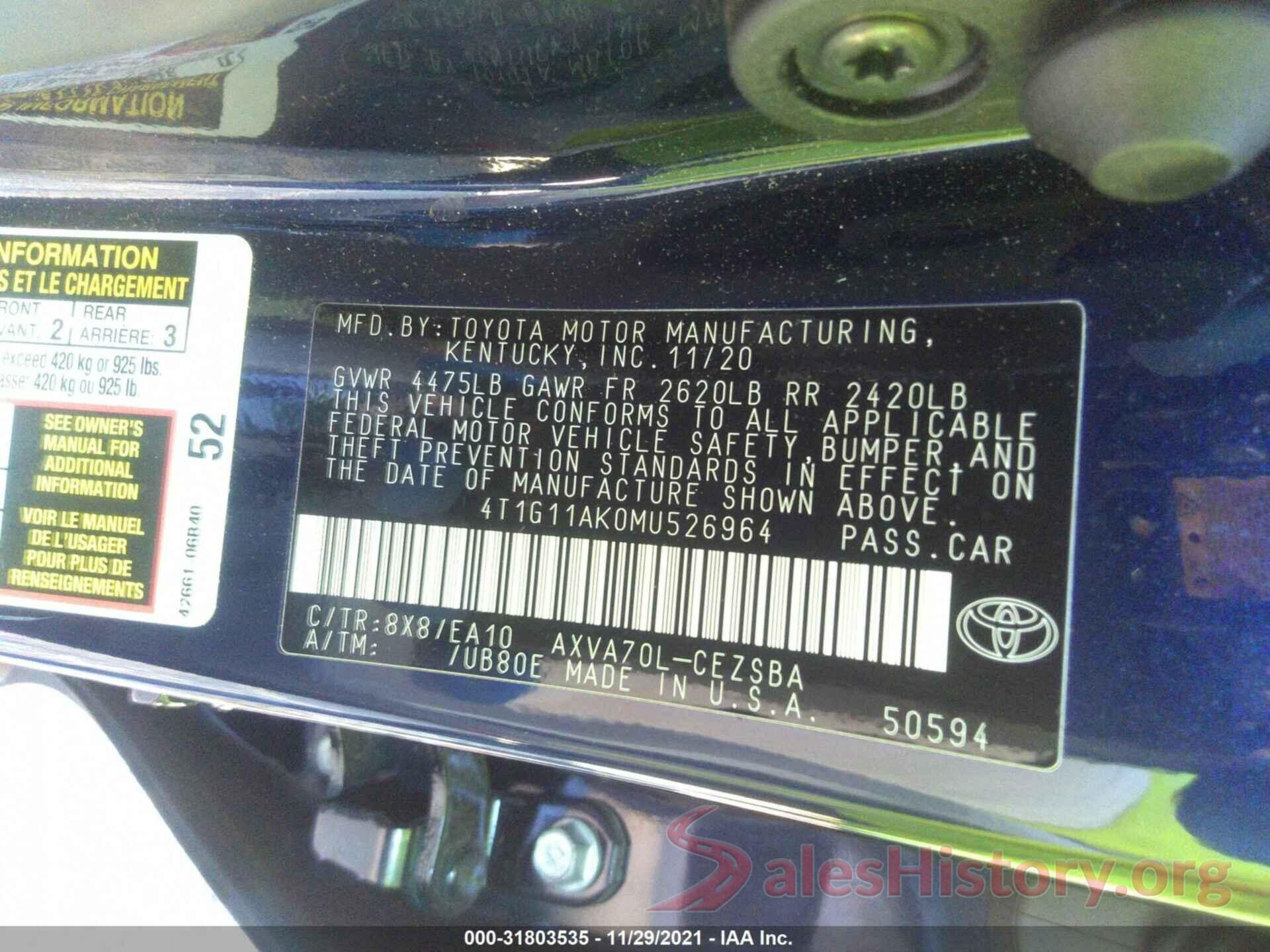 4T1G11AK0MU526964 2021 TOYOTA CAMRY