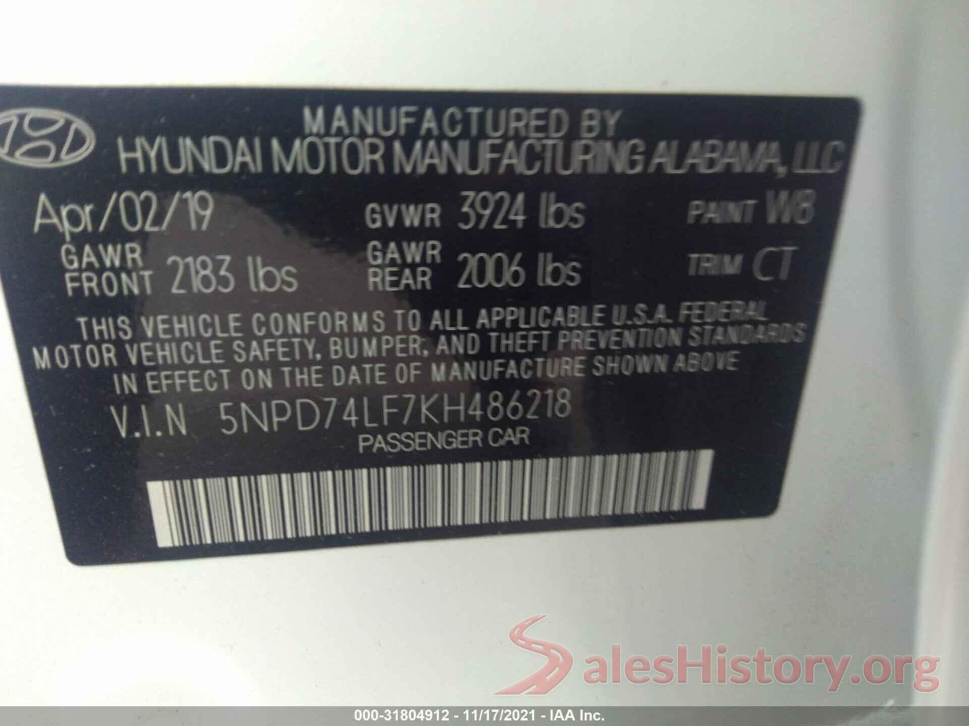 5NPD74LF7KH486218 2019 HYUNDAI ELANTRA