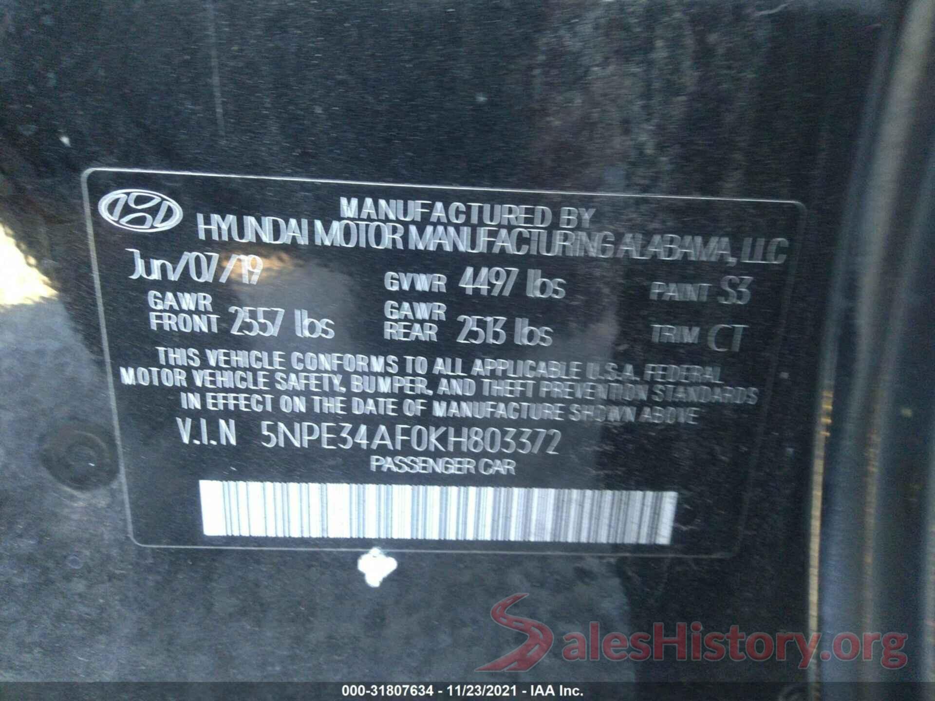 5NPE34AF0KH803372 2019 HYUNDAI SONATA