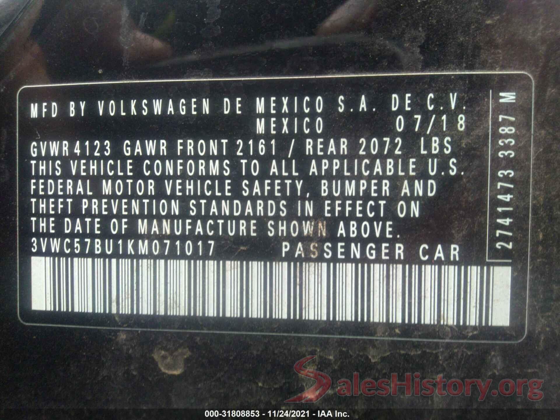 3VWC57BU1KM071017 2019 VOLKSWAGEN JETTA