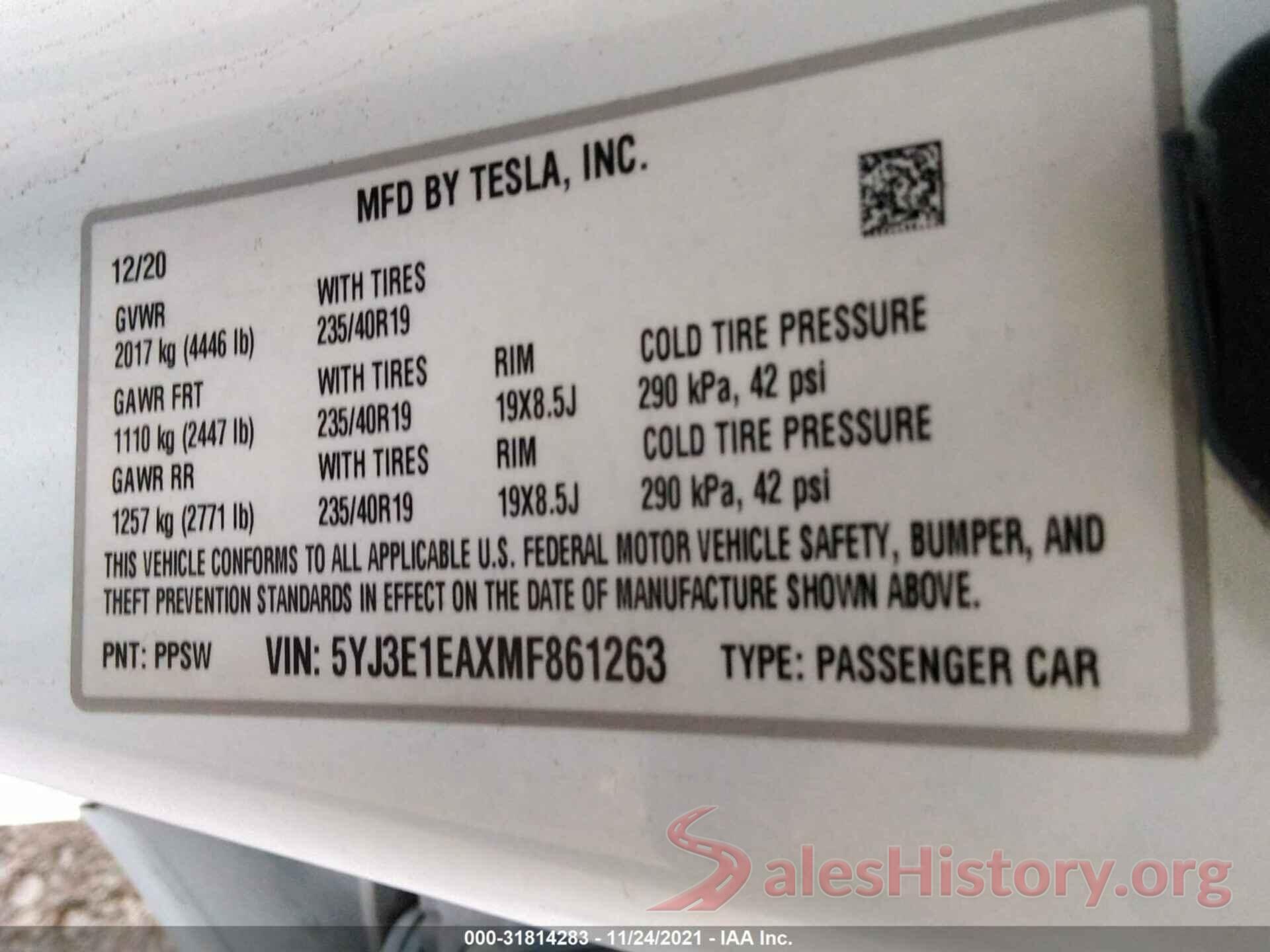 5YJ3E1EAXMF861263 2021 TESLA MODEL 3