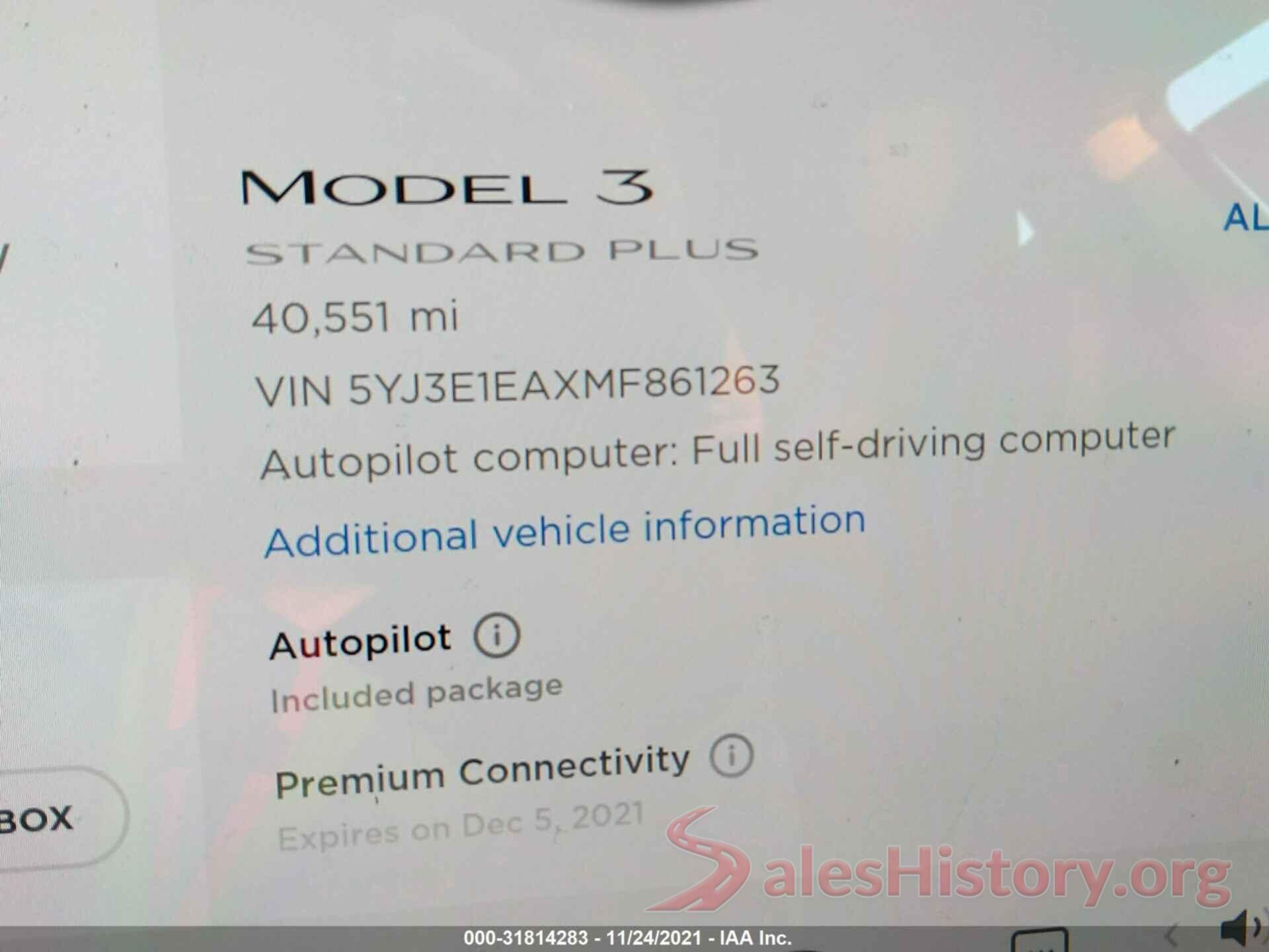 5YJ3E1EAXMF861263 2021 TESLA MODEL 3