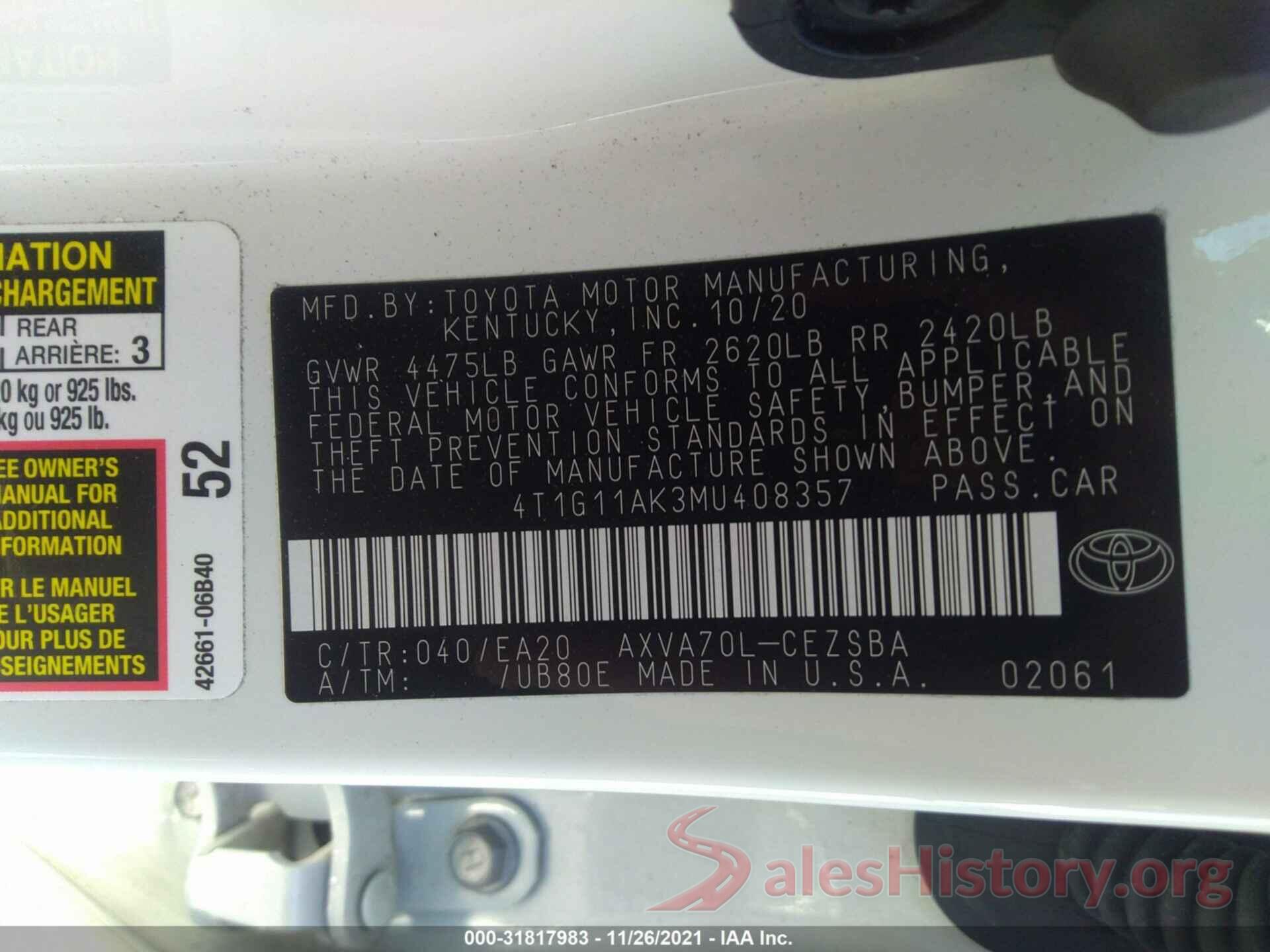 4T1G11AK3MU408357 2021 TOYOTA CAMRY