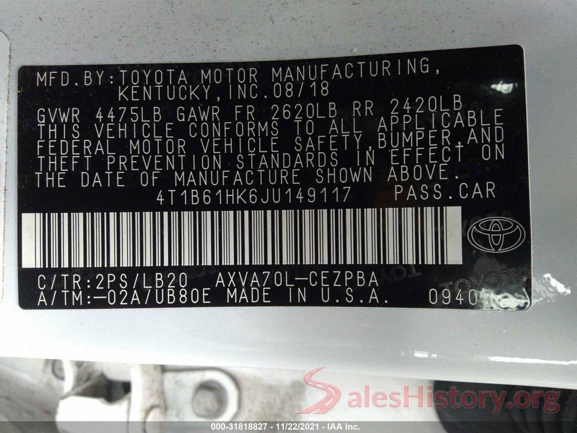 4T1B61HK6JU149117 2018 TOYOTA CAMRY