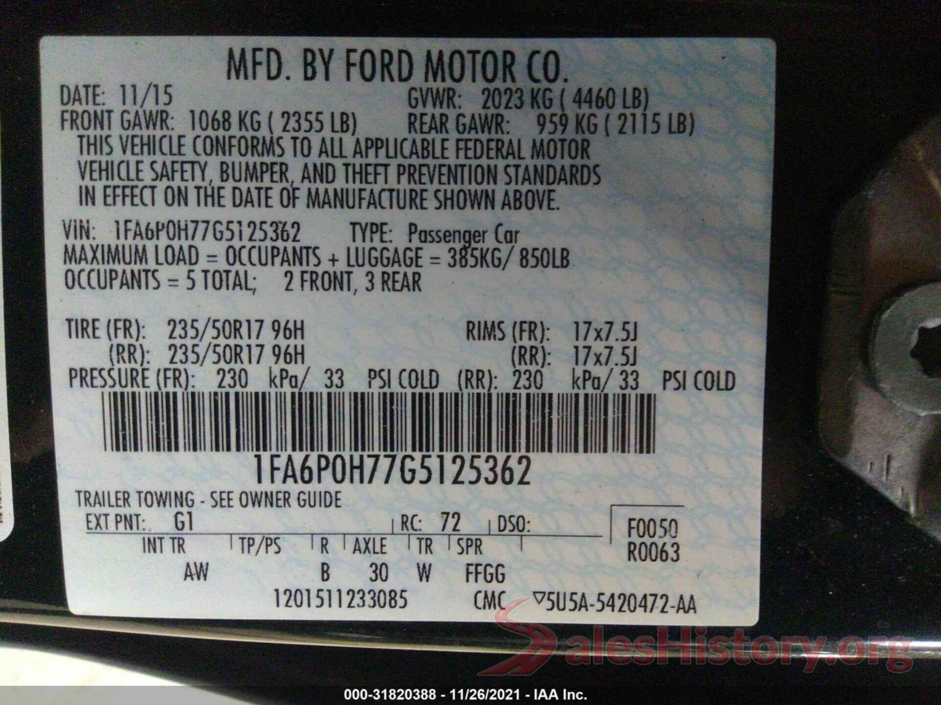 1FA6P0H77G5125362 2016 FORD FUSION