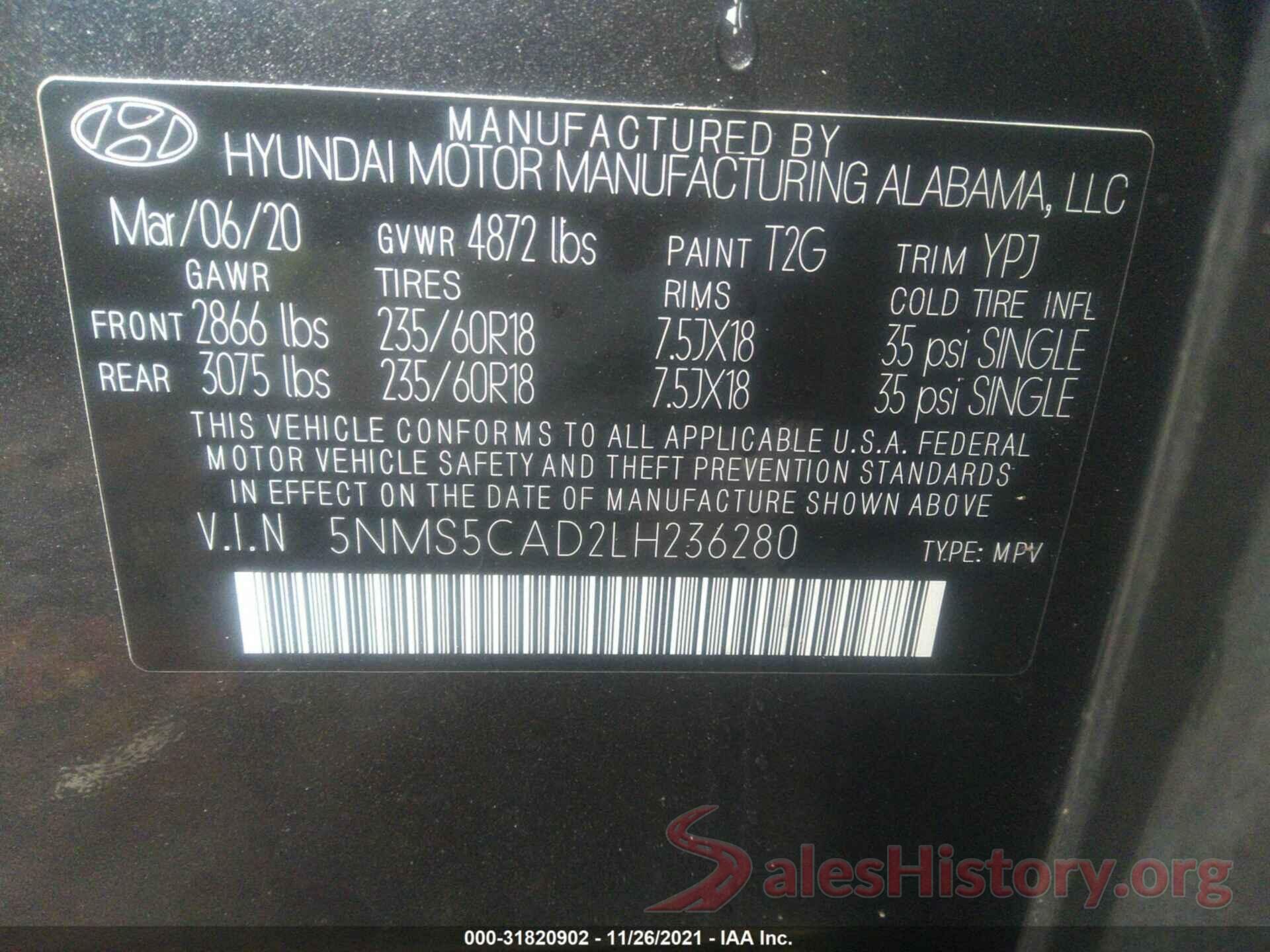 5NMS5CAD2LH236280 2020 HYUNDAI SANTA FE