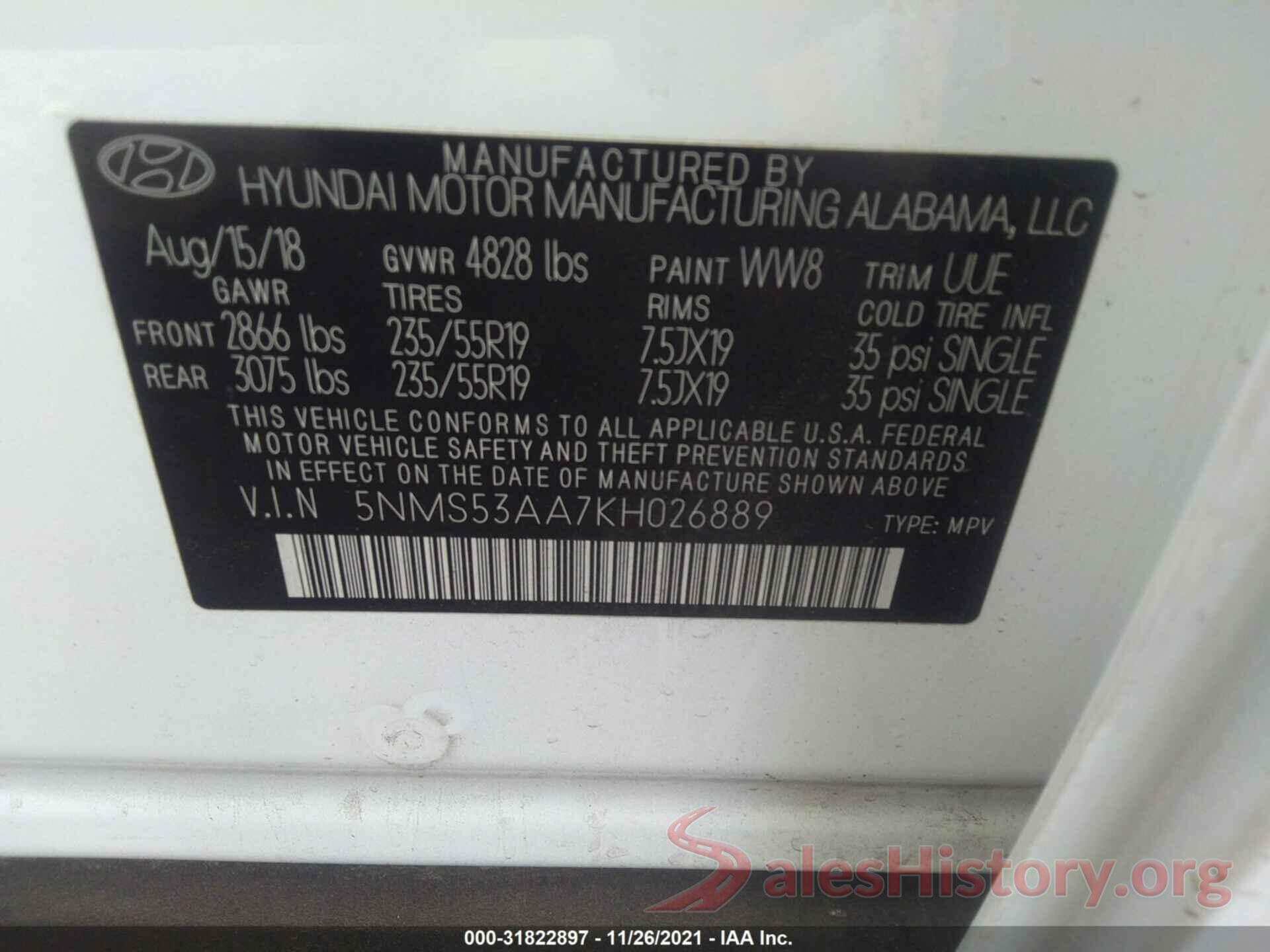 5NMS53AA7KH026889 2019 HYUNDAI SANTA FE