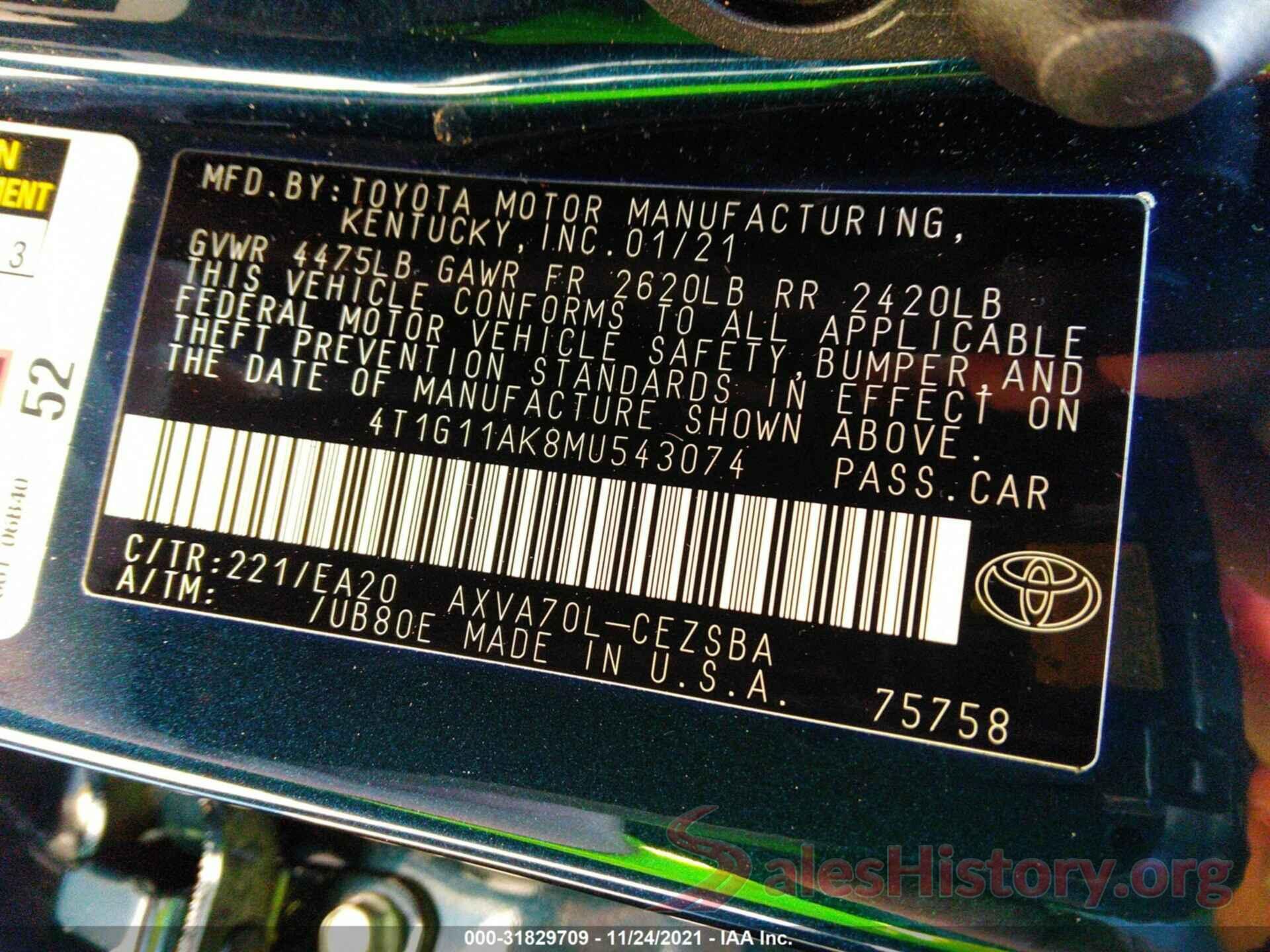 4T1G11AK8MU543074 2021 TOYOTA CAMRY