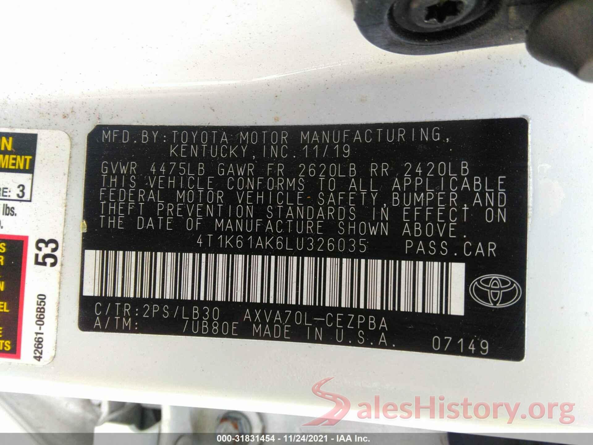 4T1K61AK6LU326035 2020 TOYOTA CAMRY