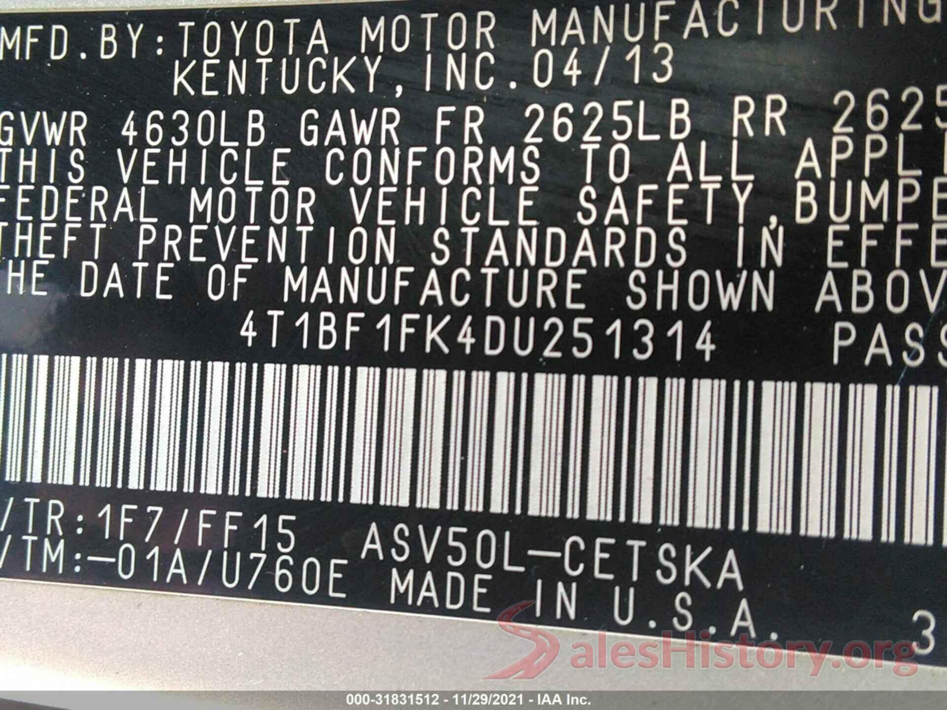 4T1BF1FK4DU251314 2013 TOYOTA CAMRY