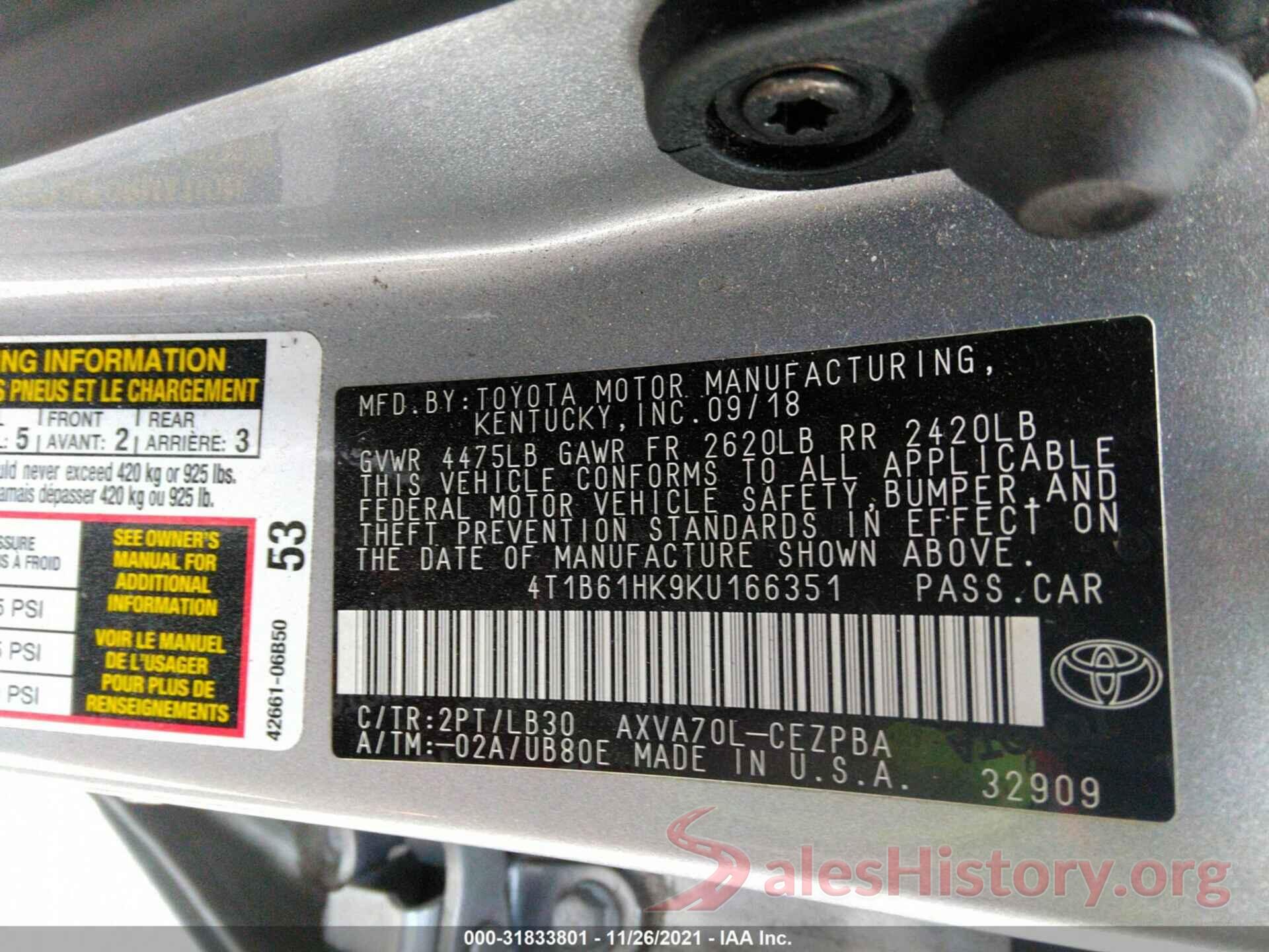 4T1B61HK9KU166351 2019 TOYOTA CAMRY