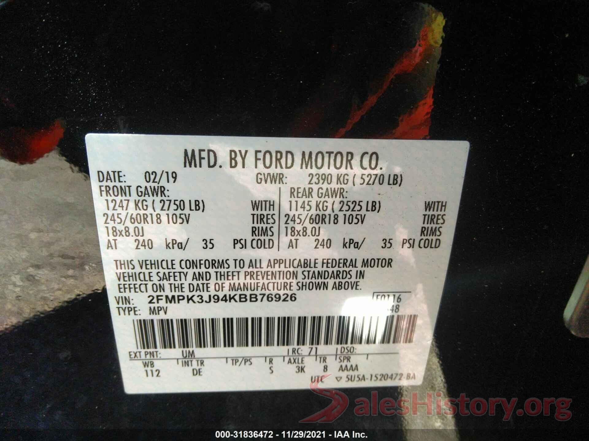 2FMPK3J94KBB76926 2019 FORD EDGE