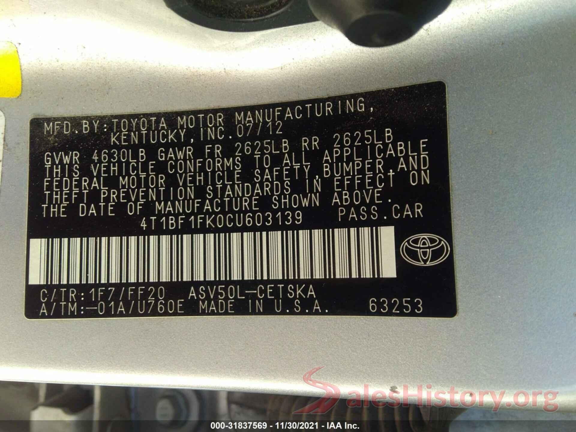 4T1BF1FK0CU603139 2012 TOYOTA CAMRY