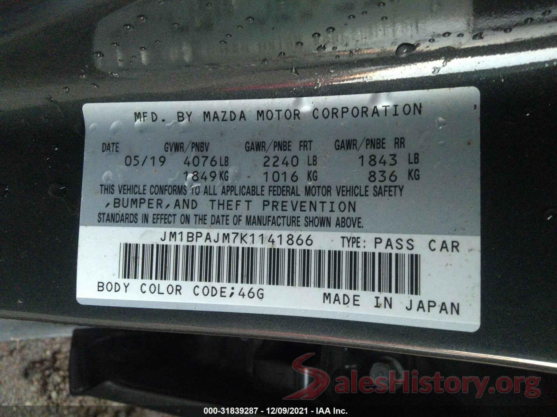 JM1BPAJM7K1141866 2019 MAZDA MAZDA3 HATCHBACK