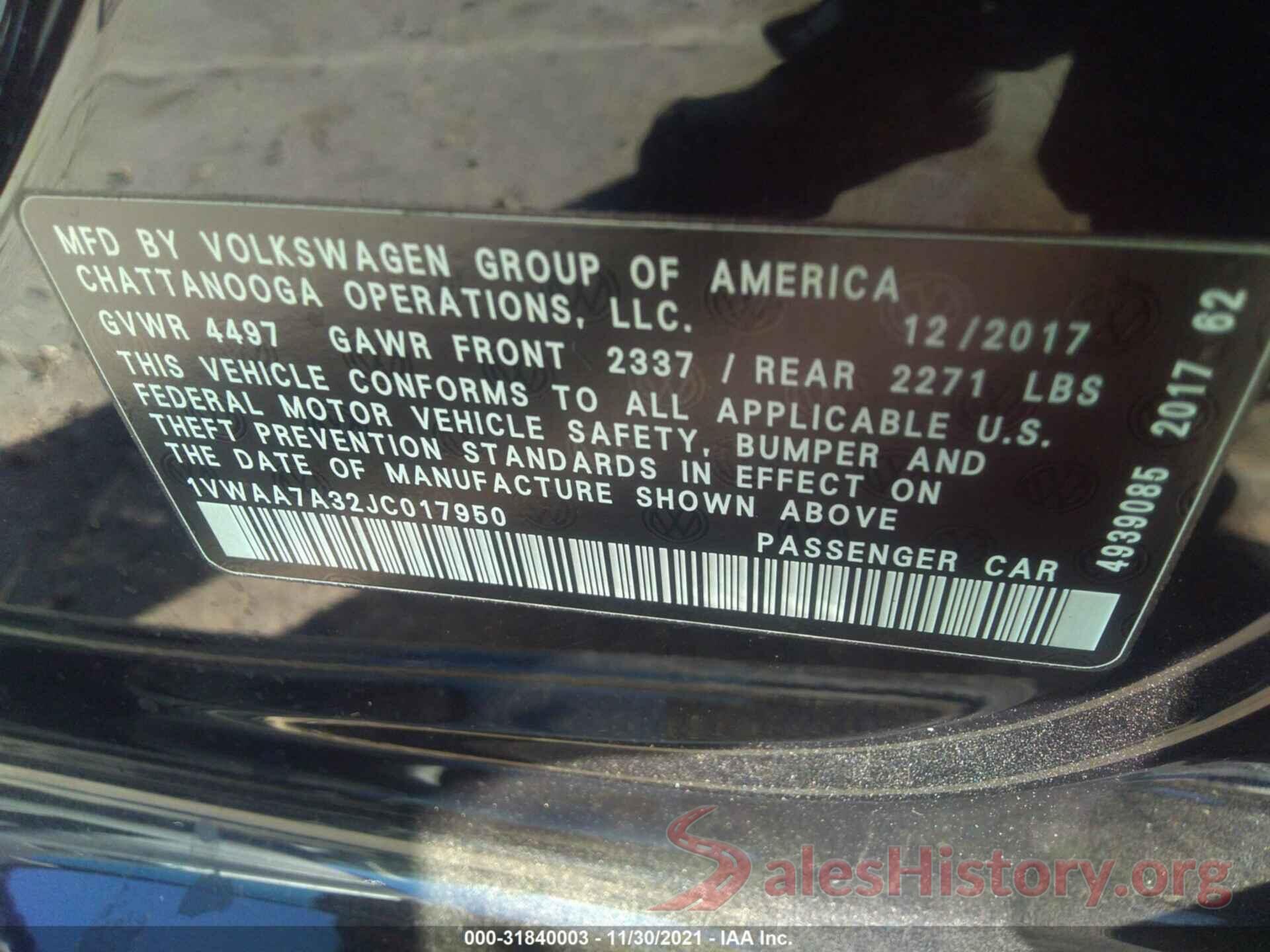 1VWAA7A32JC017950 2018 VOLKSWAGEN PASSAT