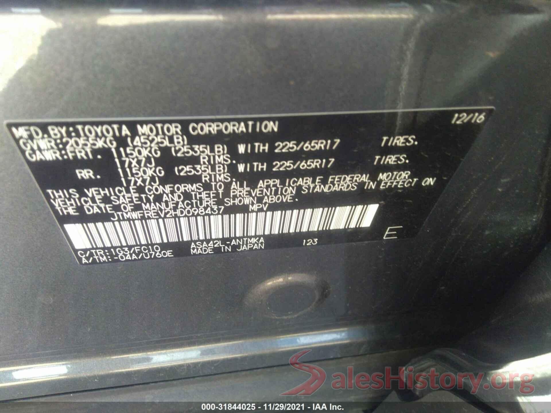 JTMWFREV2HD098437 2017 TOYOTA RAV4