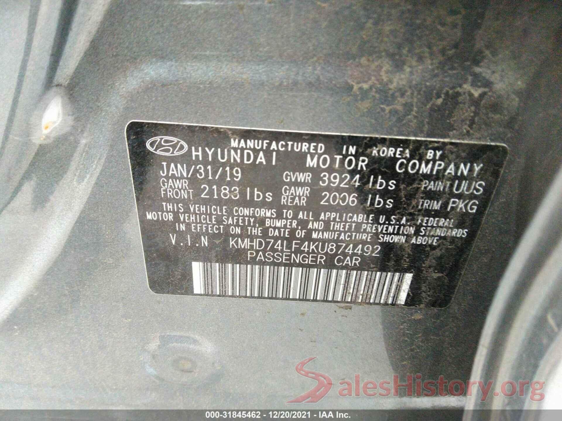 KMHD74LF4KU874492 2019 HYUNDAI ELANTRA