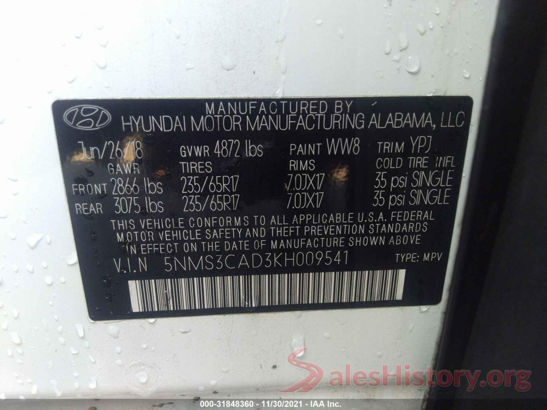 5NMS3CAD3KH009541 2019 HYUNDAI SANTA FE