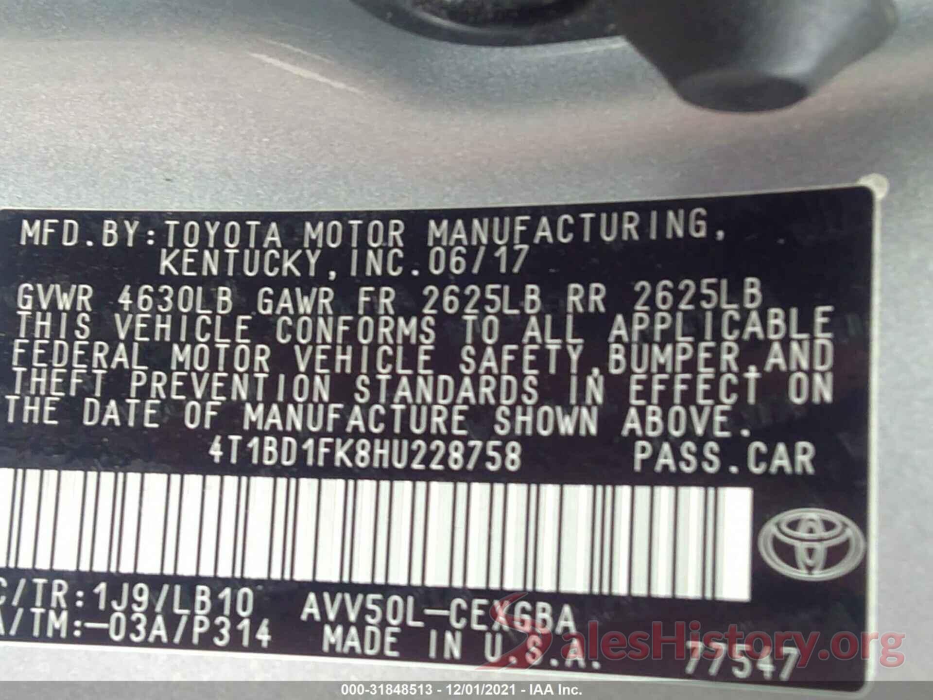 4T1BD1FK8HU228758 2017 TOYOTA CAMRY