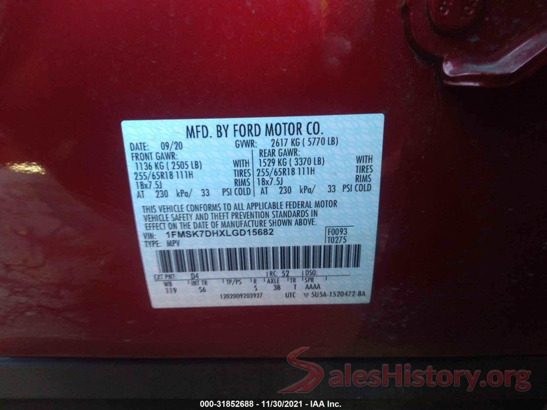 1FMSK7DHXLGD15682 2020 FORD EXPLORER