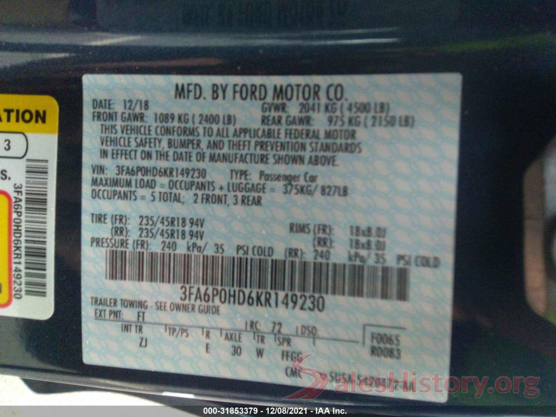 3FA6P0HD6KR149230 2019 FORD FUSION