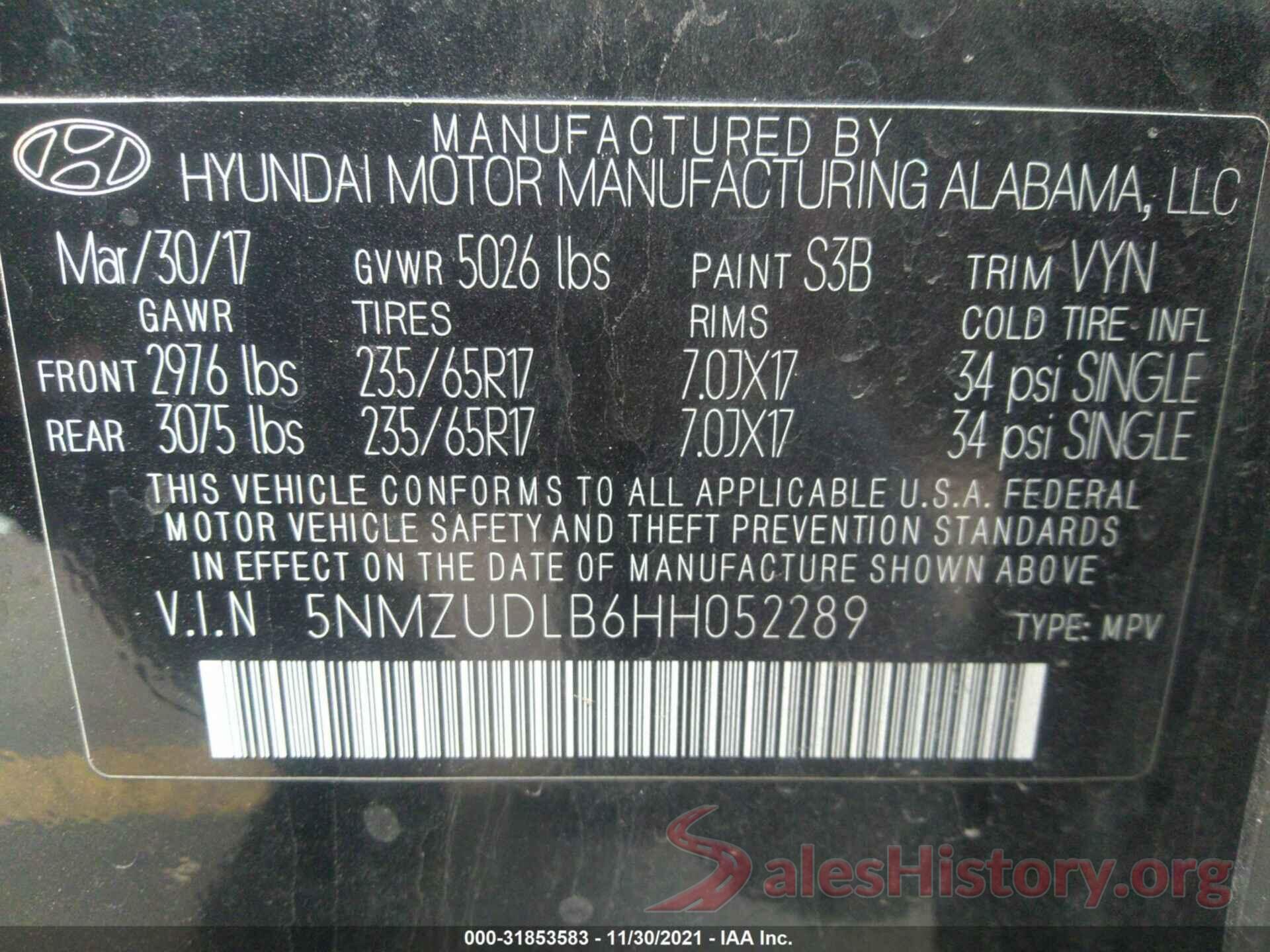 5NMZUDLB6HH052289 2017 HYUNDAI SANTA FE SPORT