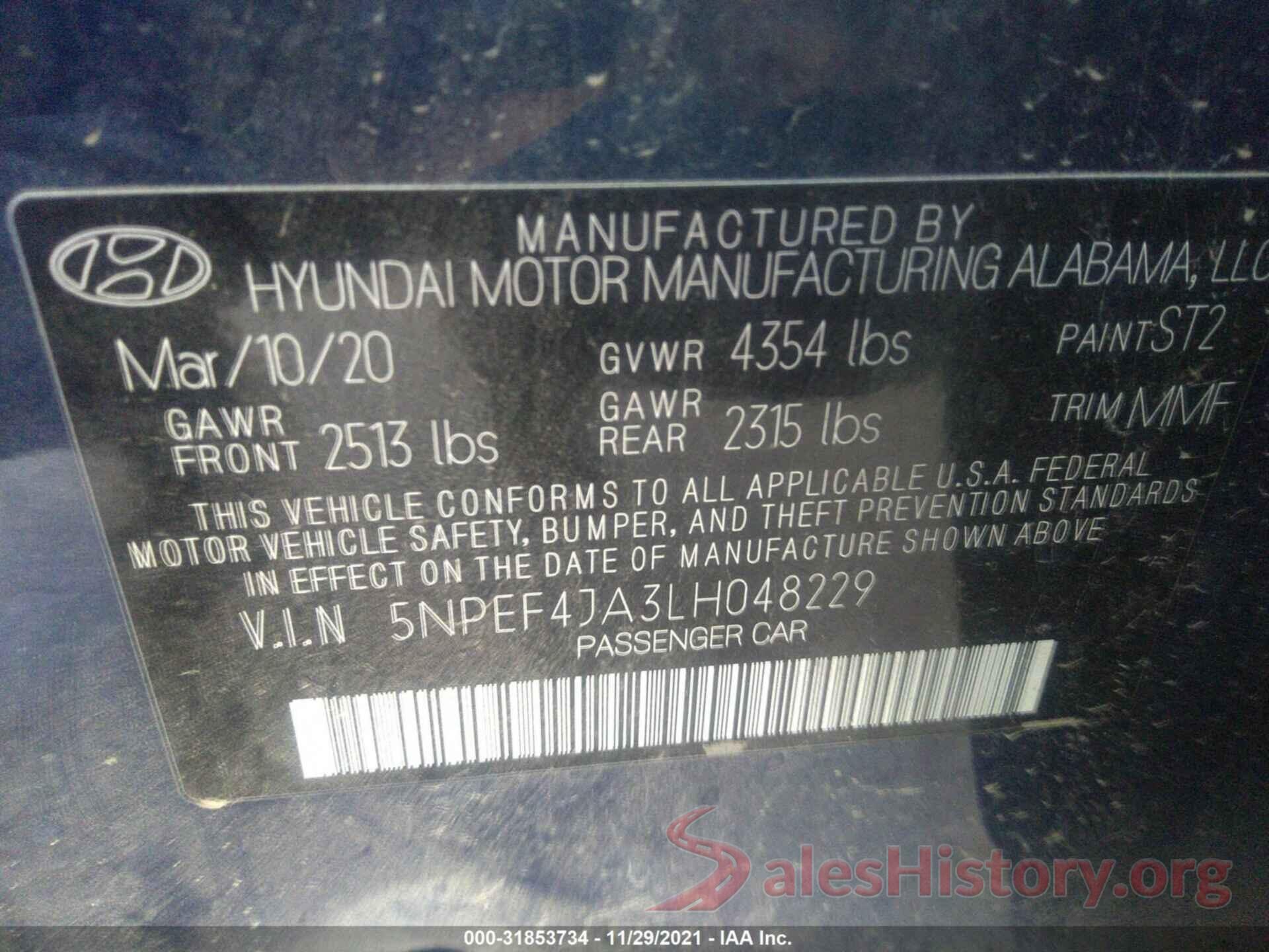 5NPEF4JA3LH048229 2020 HYUNDAI SONATA