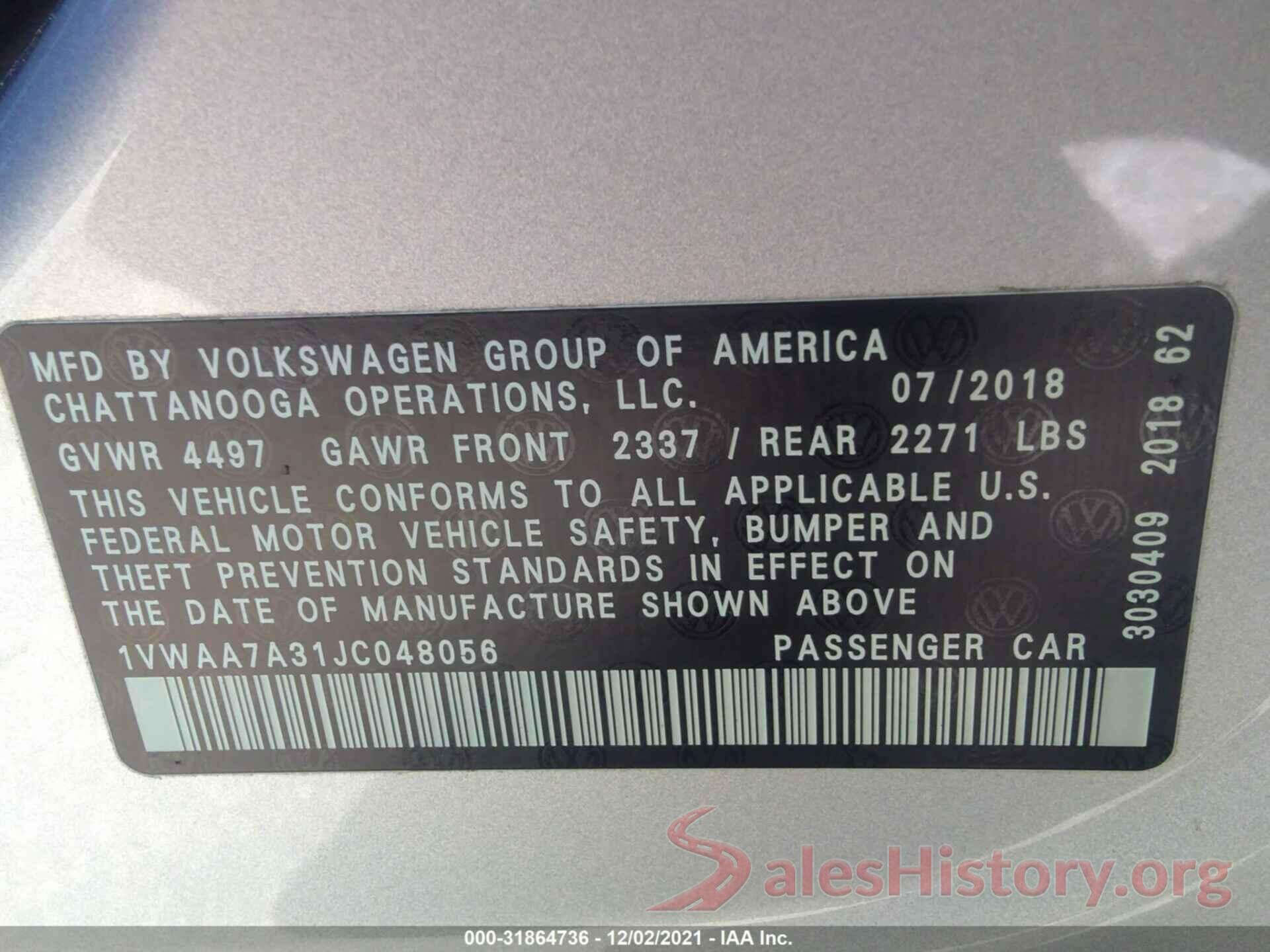 1VWAA7A31JC048056 2018 VOLKSWAGEN PASSAT