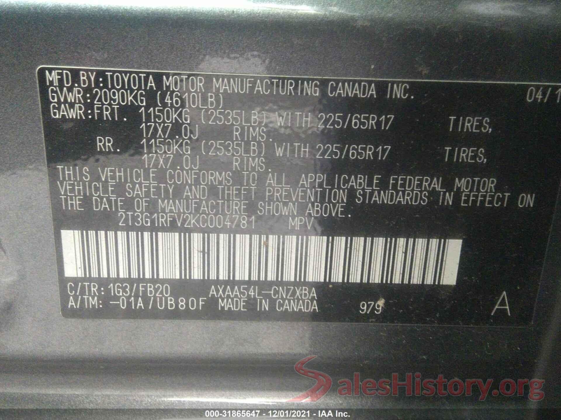 2T3G1RFV2KC004781 2019 TOYOTA RAV4