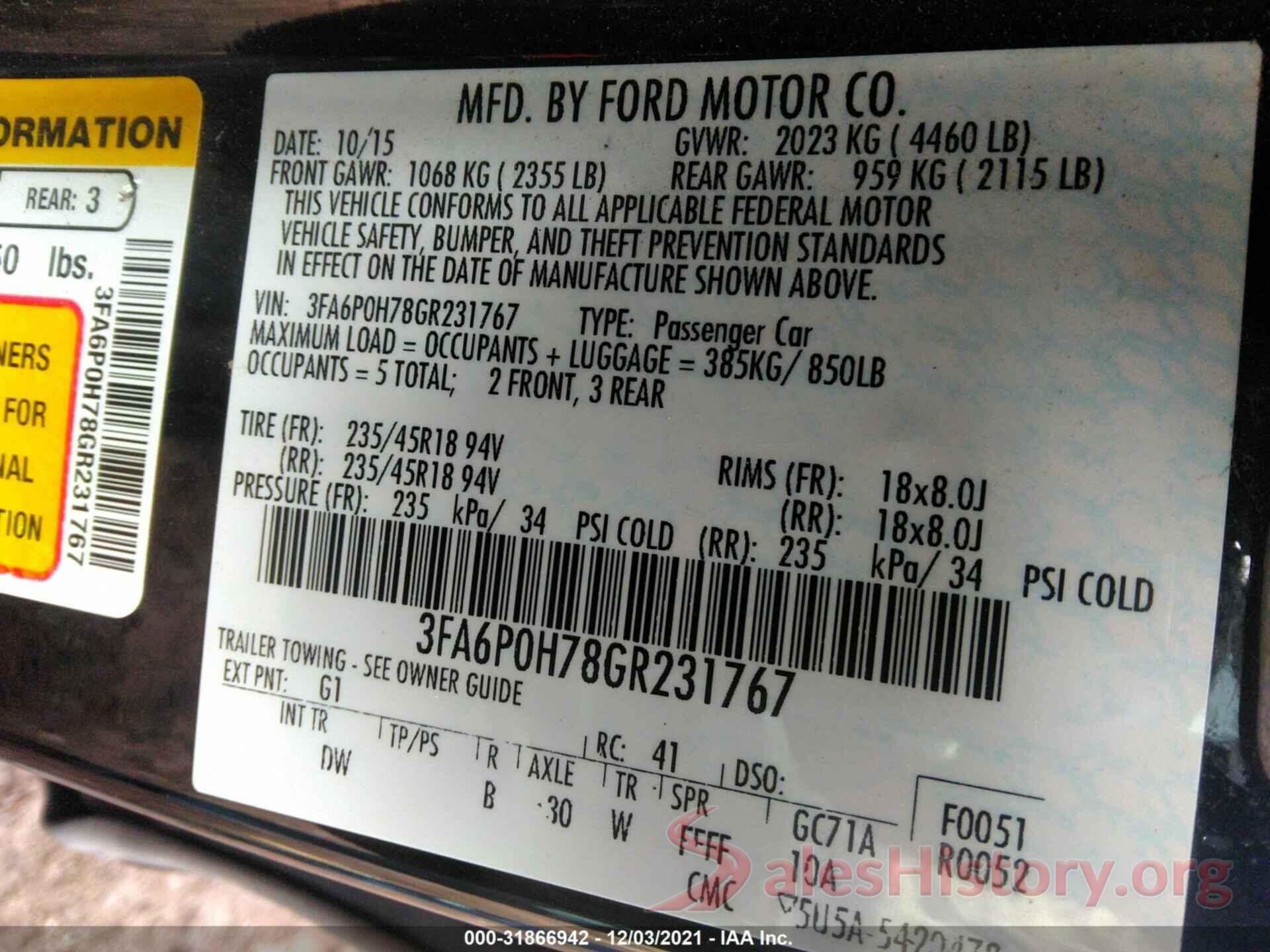 3FA6P0H78GR231767 2016 FORD FUSION