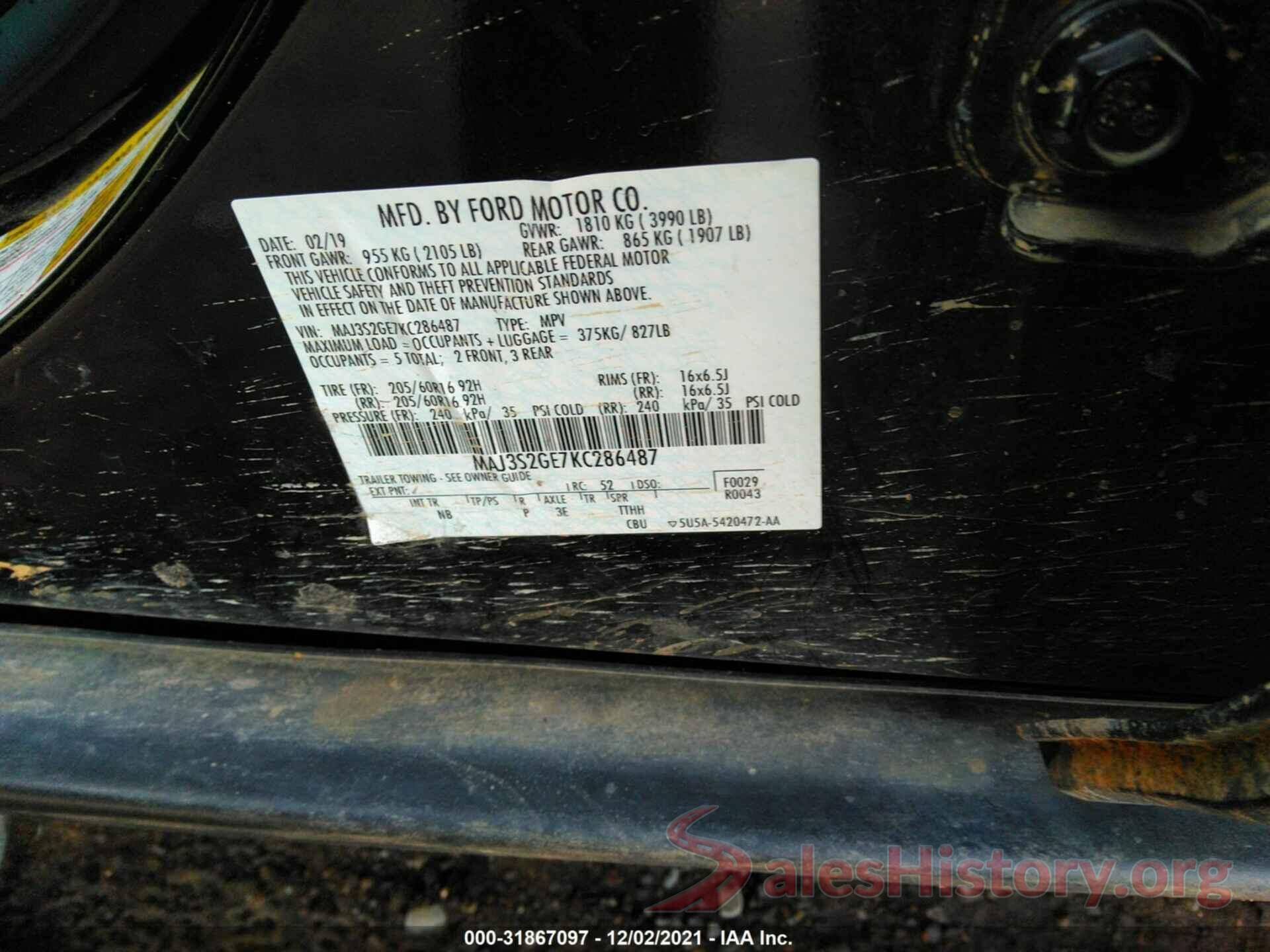 MAJ3S2GE7KC286487 2019 FORD ECOSPORT