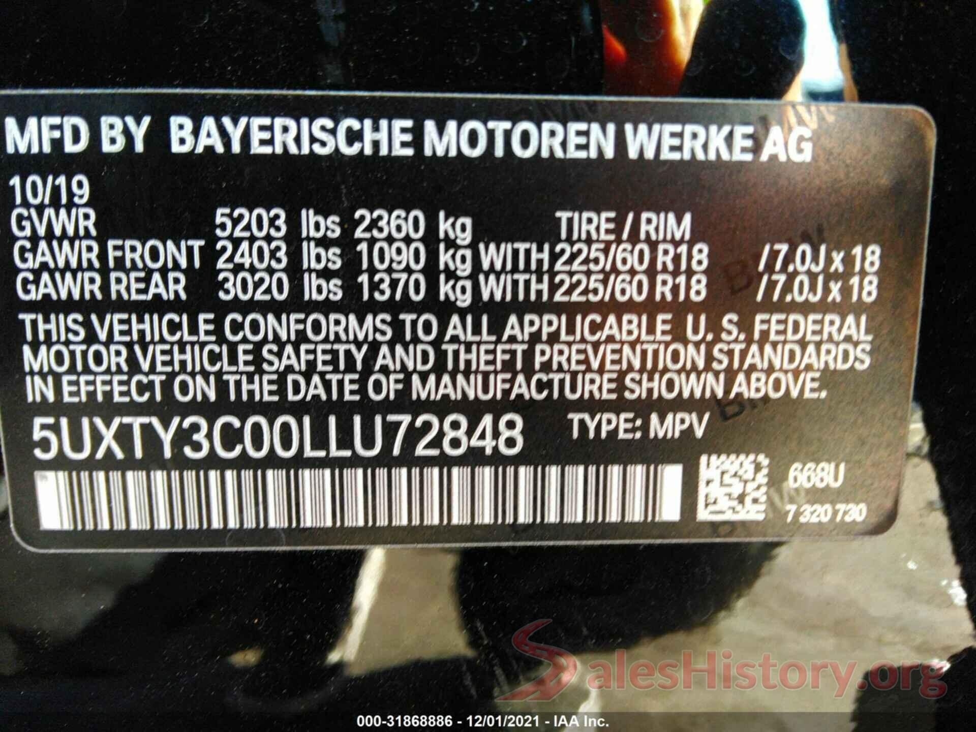 5UXTY3C00LLU72848 2020 BMW X3