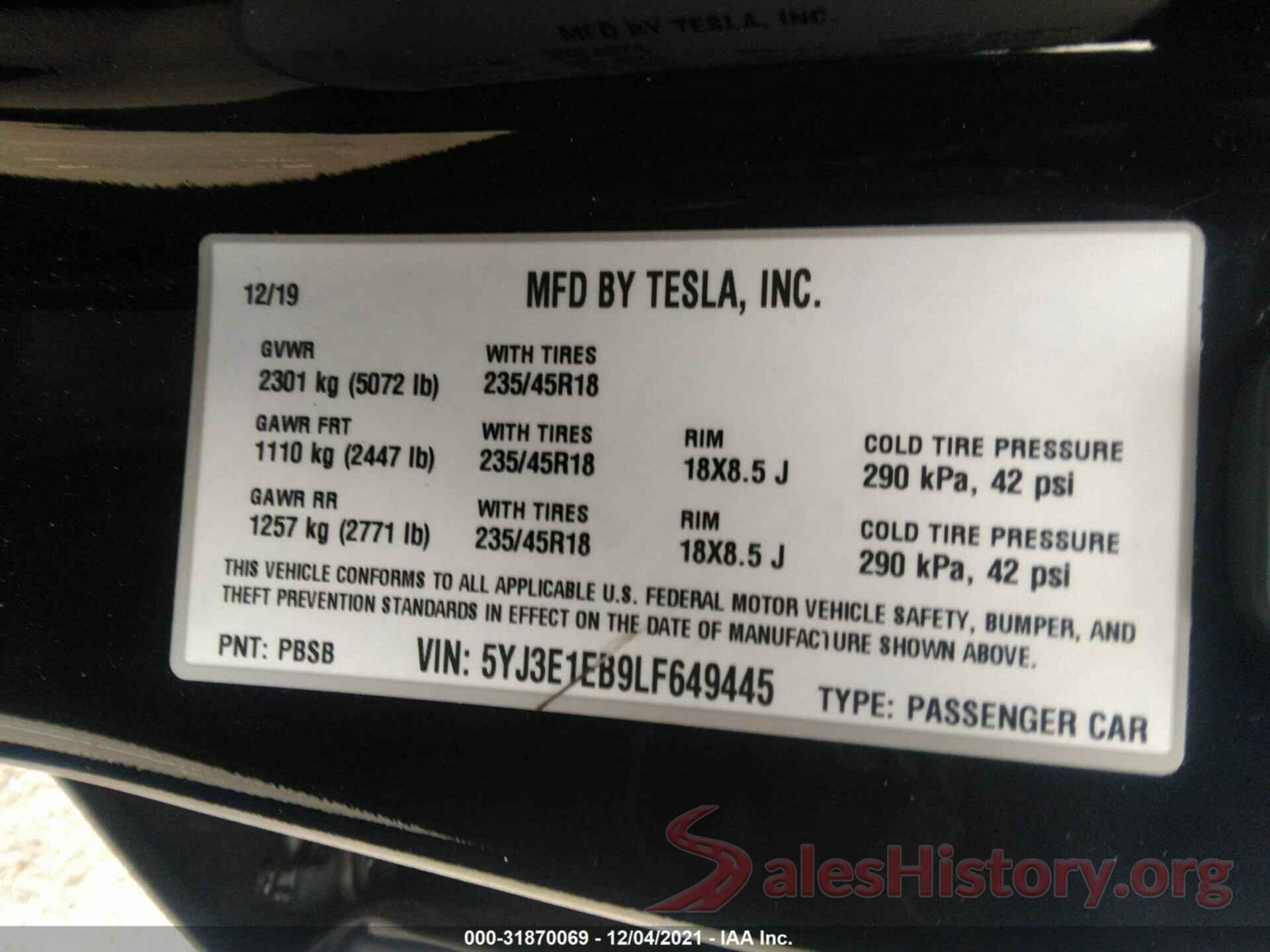 5YJ3E1EB9LF649445 2020 TESLA MODEL 3