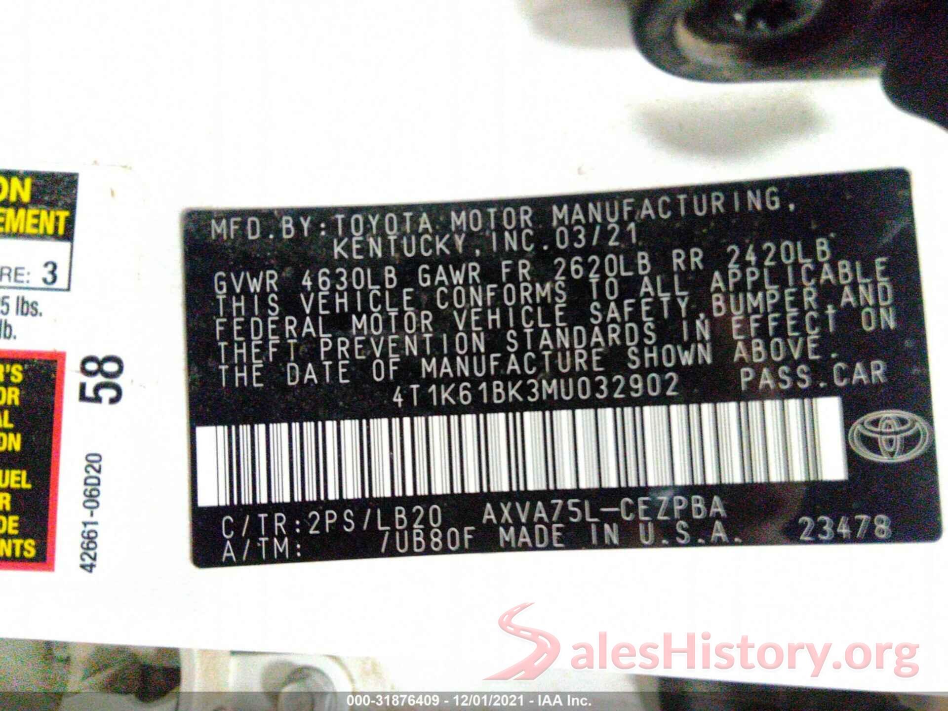 4T1K61BK3MU032902 2021 TOYOTA CAMRY