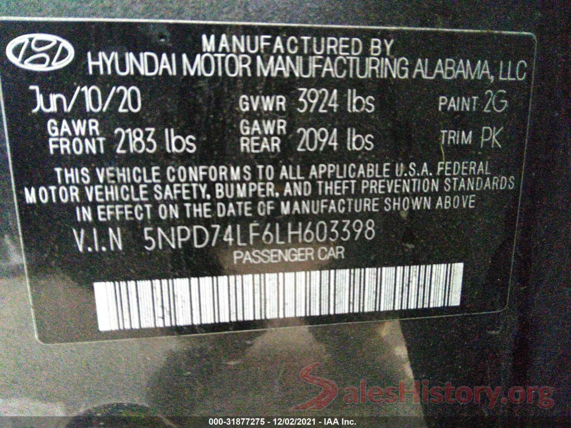 5NPD74LF6LH603398 2020 HYUNDAI ELANTRA