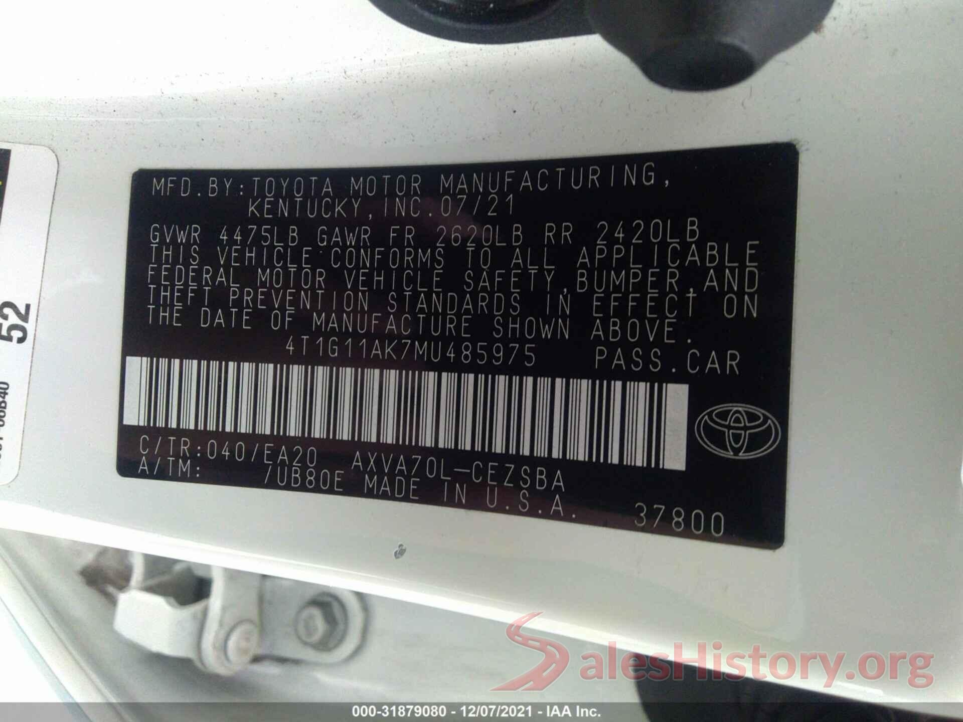 4T1G11AK7MU485975 2021 TOYOTA CAMRY