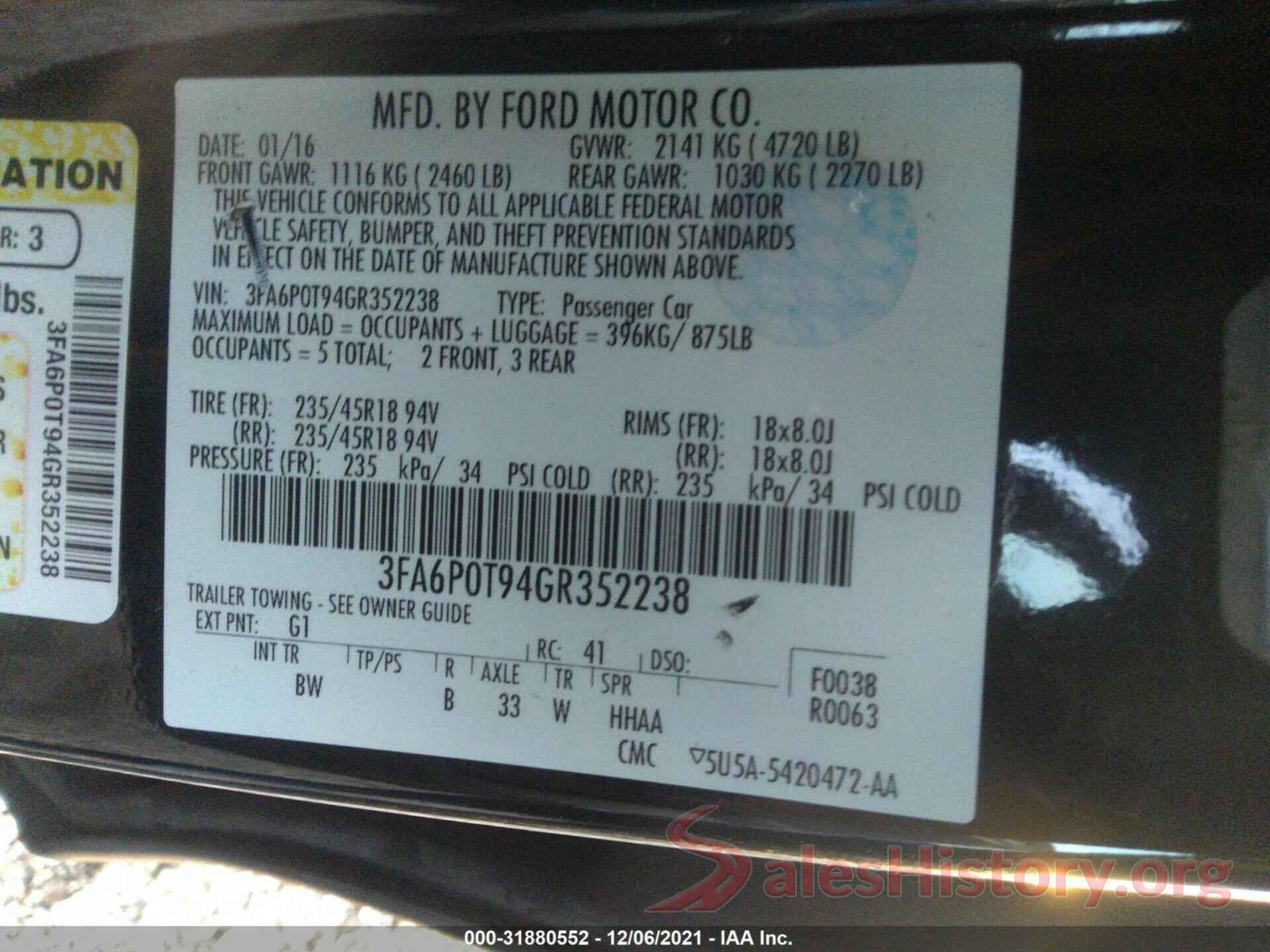 3FA6P0T94GR352238 2016 FORD FUSION